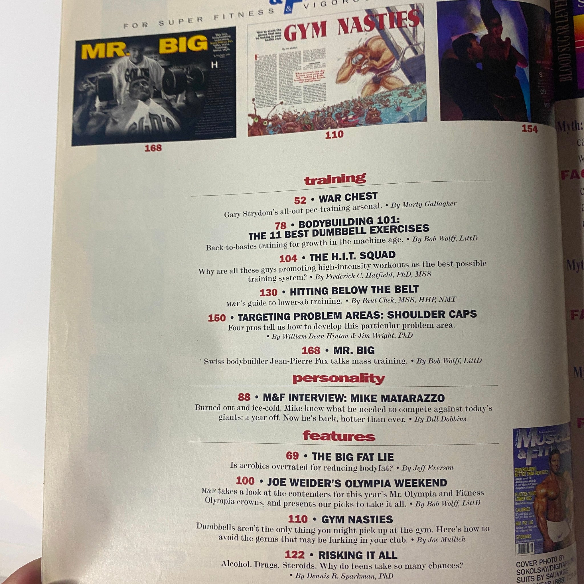 Table of contents from Muscle & Fitness Magazine September 1996, highlighting training articles and features, including Gary Strydom's 'War Chest' program.
