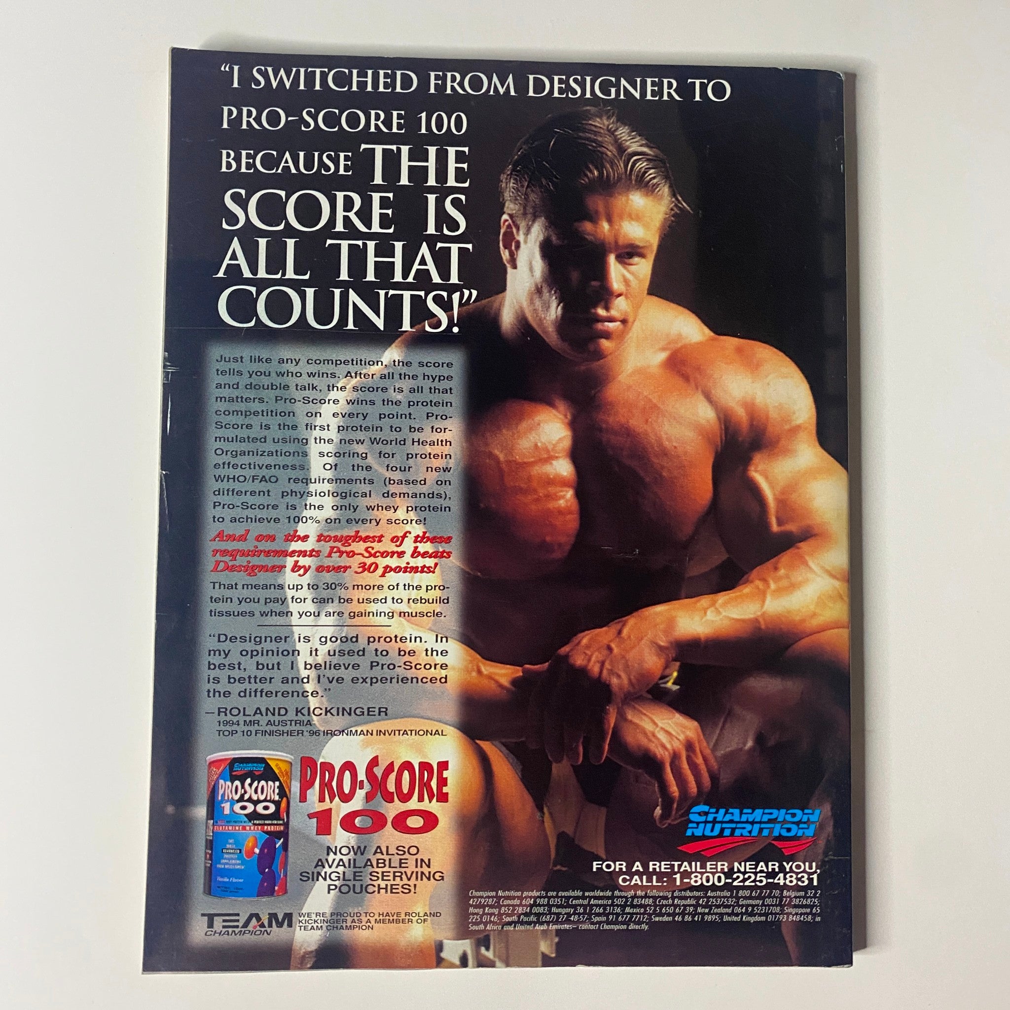 Back cover of Muscle & Fitness Magazine September 1996, featuring promotional content for Pro-Score 100 and its benefits for fitness enthusiasts.