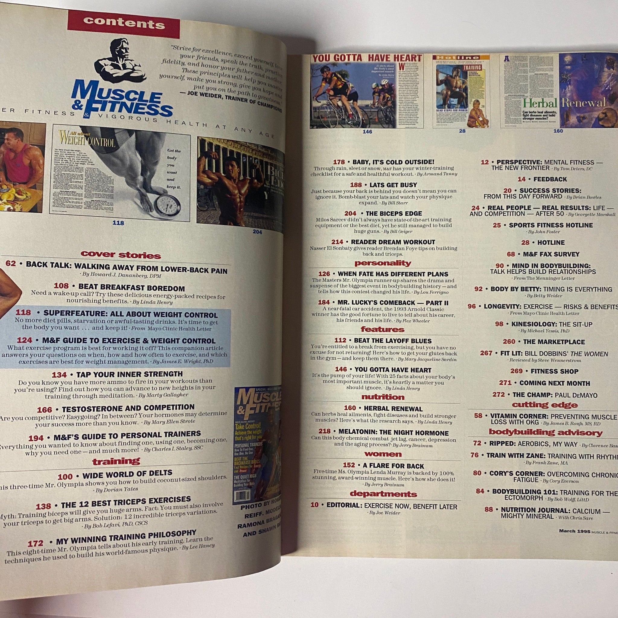 Contents page of Muscle & Fitness Magazine March 1995, featuring articles on fitness topics and notable contributors.