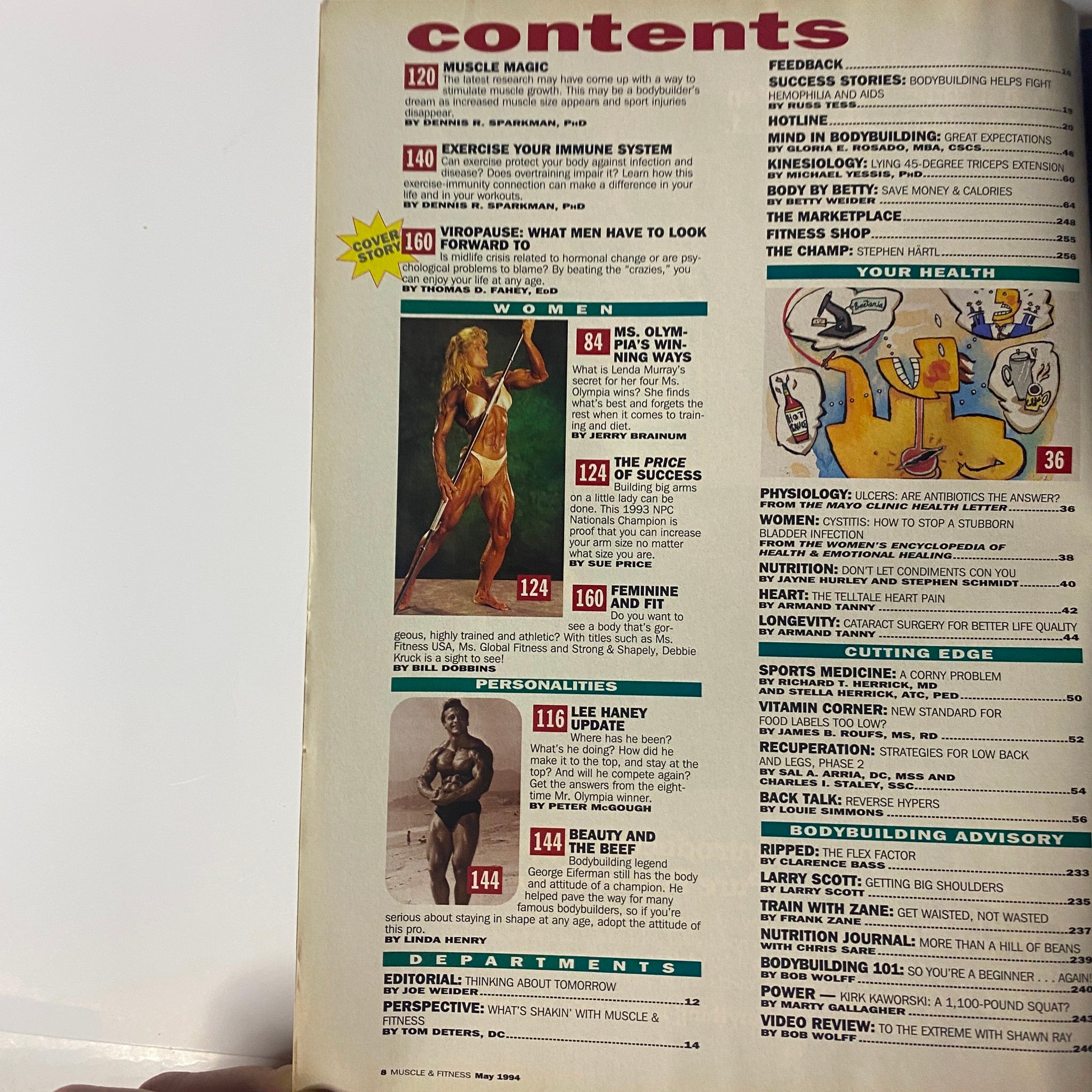 Continued contents page from Muscle & Fitness Magazine May 1994 displaying sections on women in fitness, personal stories, and expert advice.