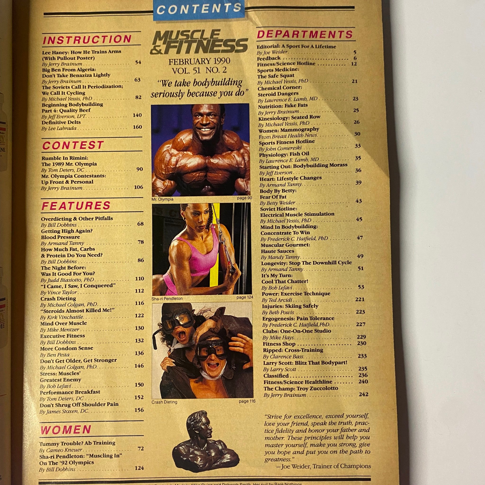 Table of contents page for Muscle & Fitness Magazine February 1990, listing articles on bodybuilding instruction, contest coverage, and specialized fitness features.