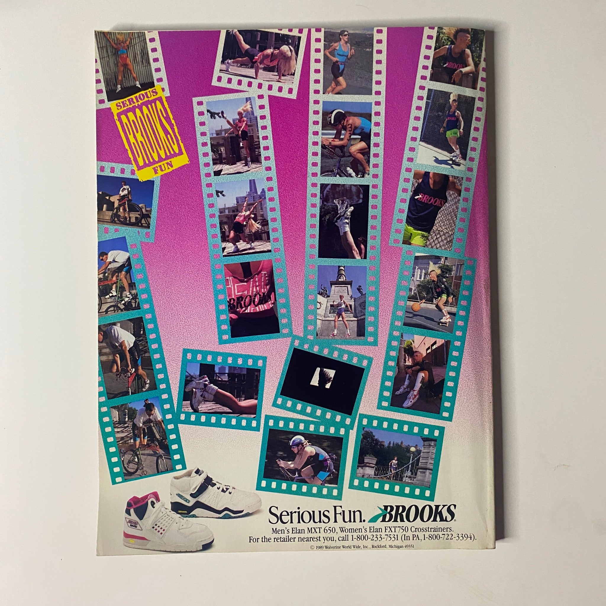 Back cover of Muscle & Fitness Magazine February 1990 featuring a colorful advertisement for Brooks sports shoes, showcasing various athletic activities.
