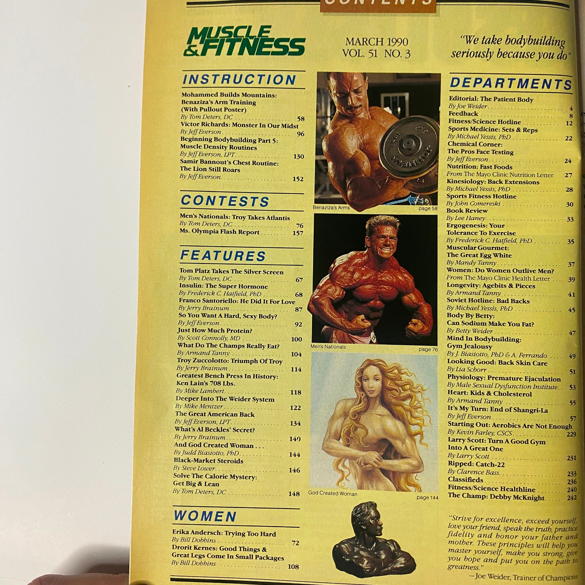Table of contents from the Muscle & Fitness Magazine March 1990 issue featuring articles on bodybuilding instructions, contests, and features including Mohammed Benaziza and Tom Platz.