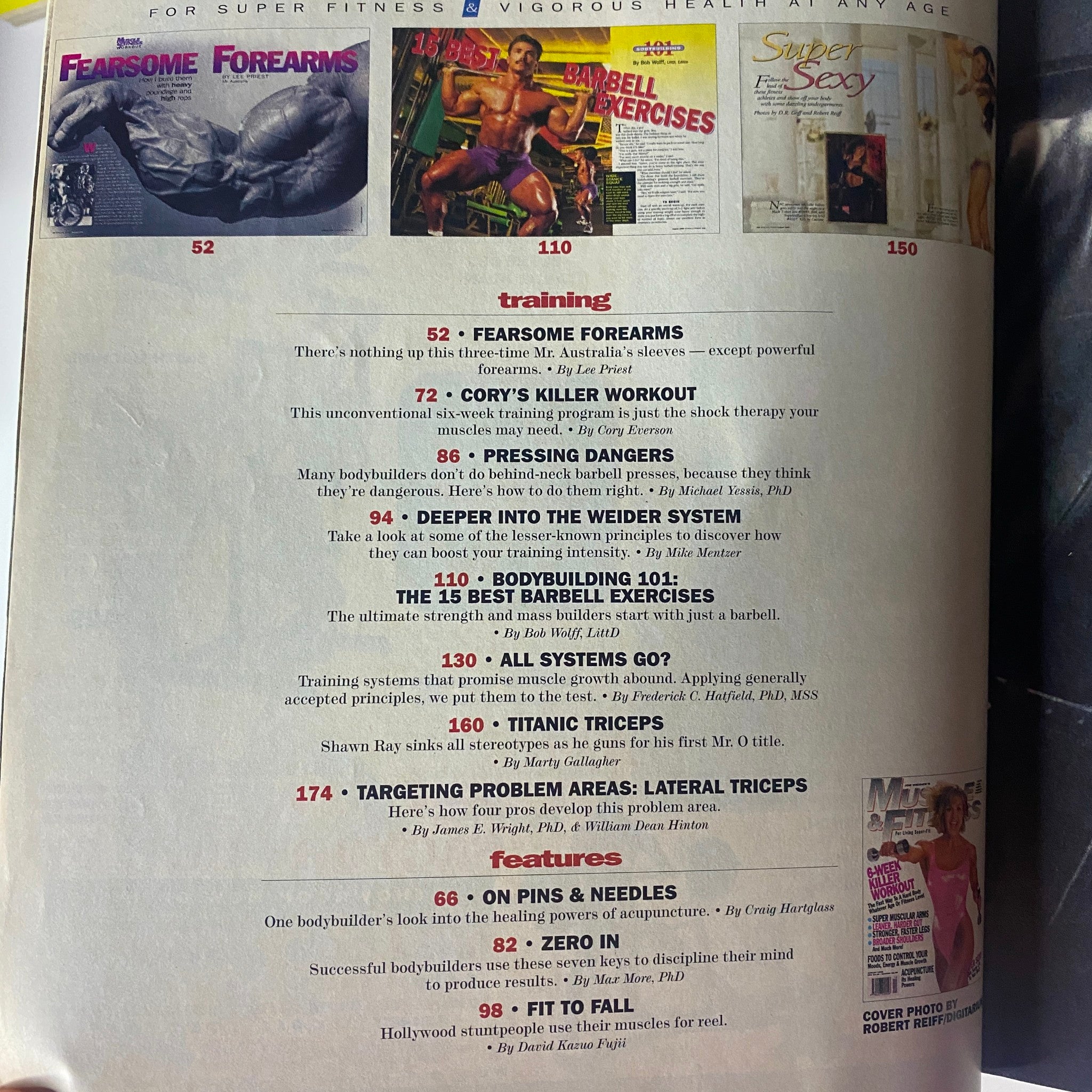 Inside page of Muscle & Fitness Magazine August 1996 listing training highlights including 'Fearsome Forearms' and 'Cory's Killer Workout' featuring workout techniques and exercises.