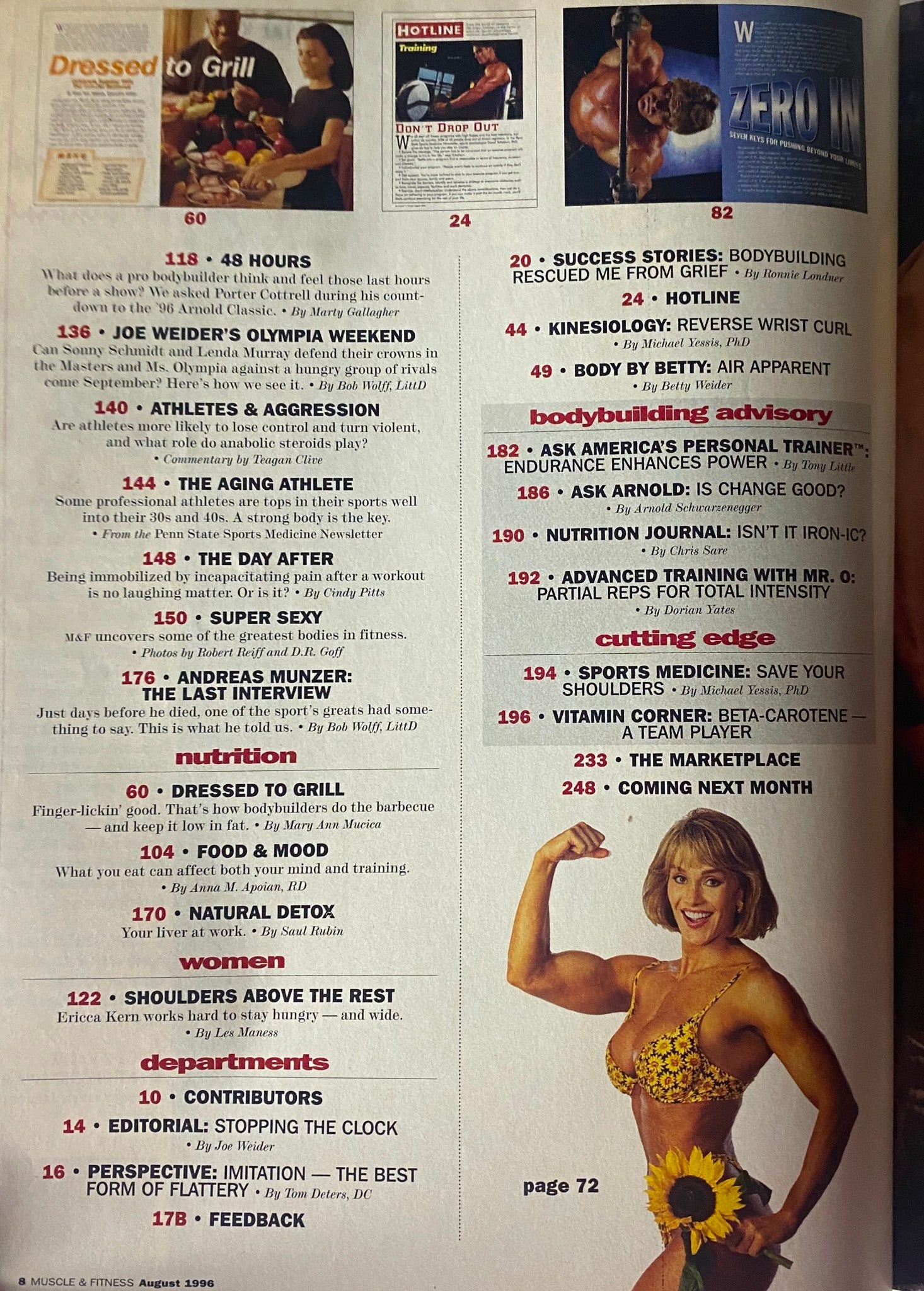 Another inside page of Muscle & Fitness Magazine August 1996 showcasing articles on recipes, sports medicine, and advice from fitness icons, highlighting 'Dressed to Grill' and 'Stopping the Clock'.
