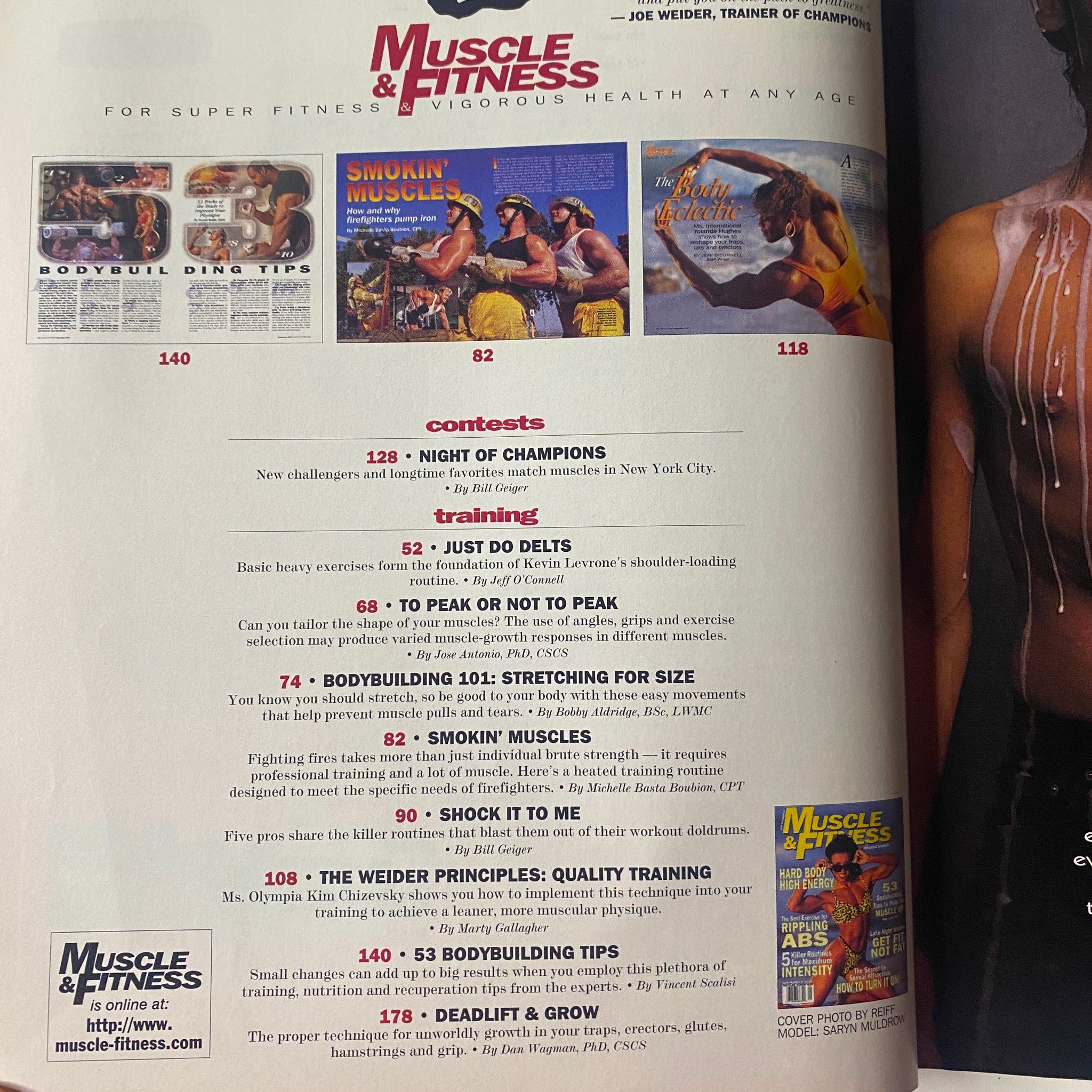 Contents page of Muscle & Fitness Magazine September 1997 Vol 58 No. 9 listing features like 'Night of Champions,' training tips such as 'Just Do Delts,' and nutritional advice, highlighting the varied content for fitness and bodybuilding.