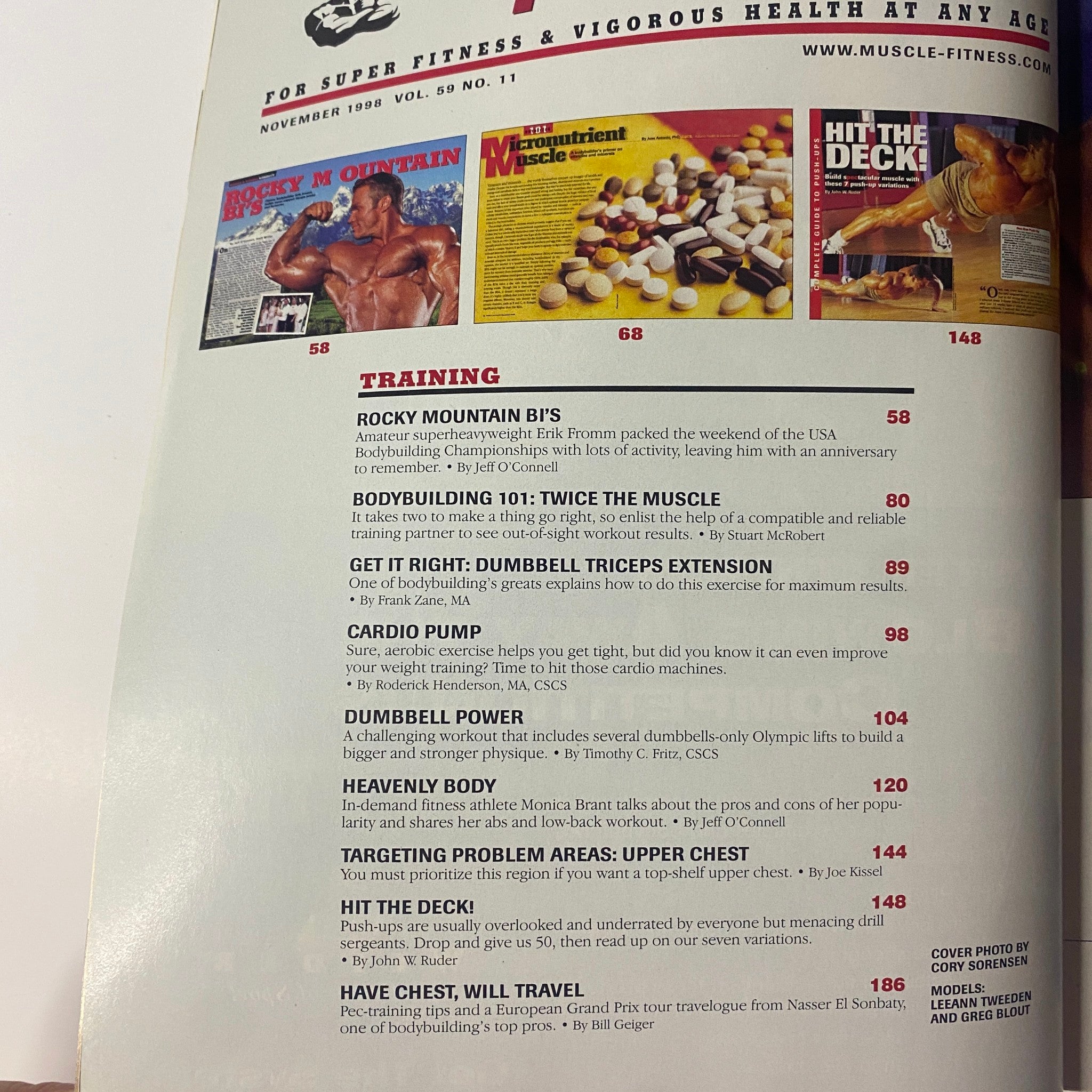 Table of contents from Muscle & Fitness Magazine November 1998, highlighting key features on training techniques, bodybuilding tips, and exercise routines.