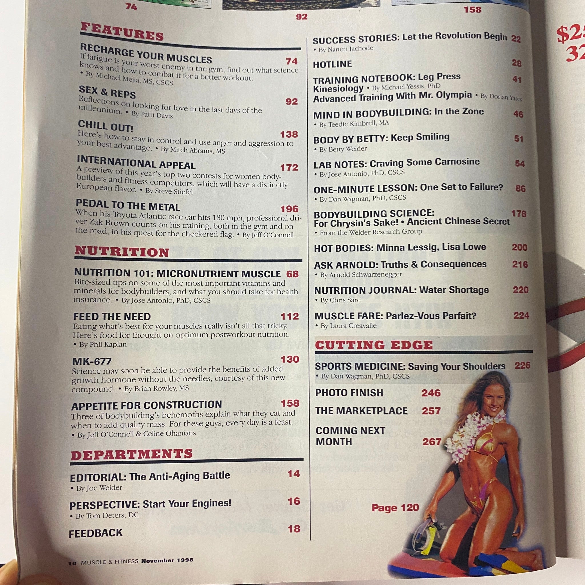 Nutrition section page from Muscle & Fitness Magazine November 1998, discussing essential vitamins, post-workout recovery, and mass-building diets for bodybuilders.