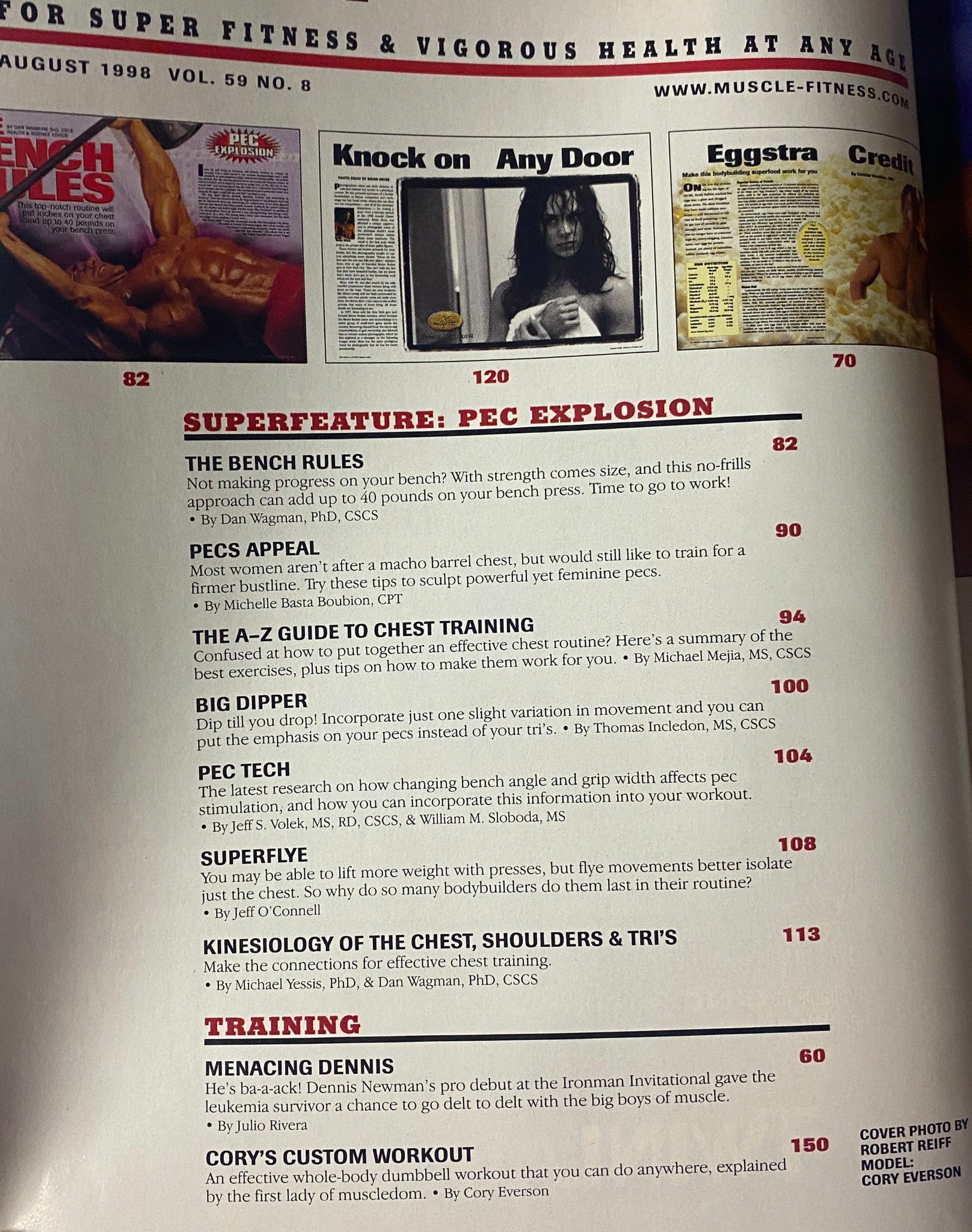 Muscle & Fitness Magazine August 1998 Vol 59 No. 8 featuring content highlights including 'Knock on Any Door' and 'The A-Z Guide to Chest Training' with photos and articles related to bodybuilding and fitness.