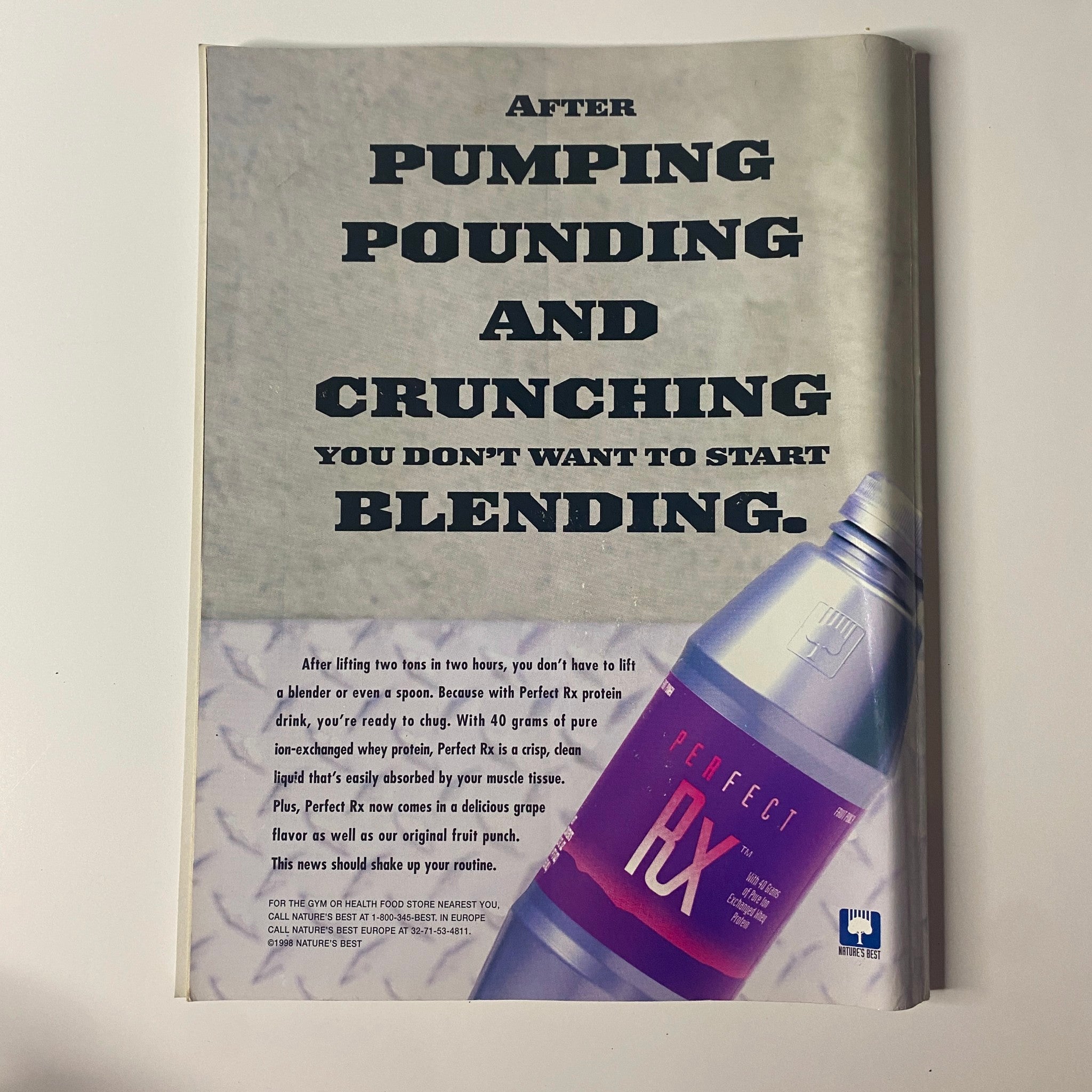 Advert for Perfect RX in Muscle & Fitness Magazine August 1998 Vol 59 No. 8 discussing post-workout recovery solutions with a focus on convenience for athletes.