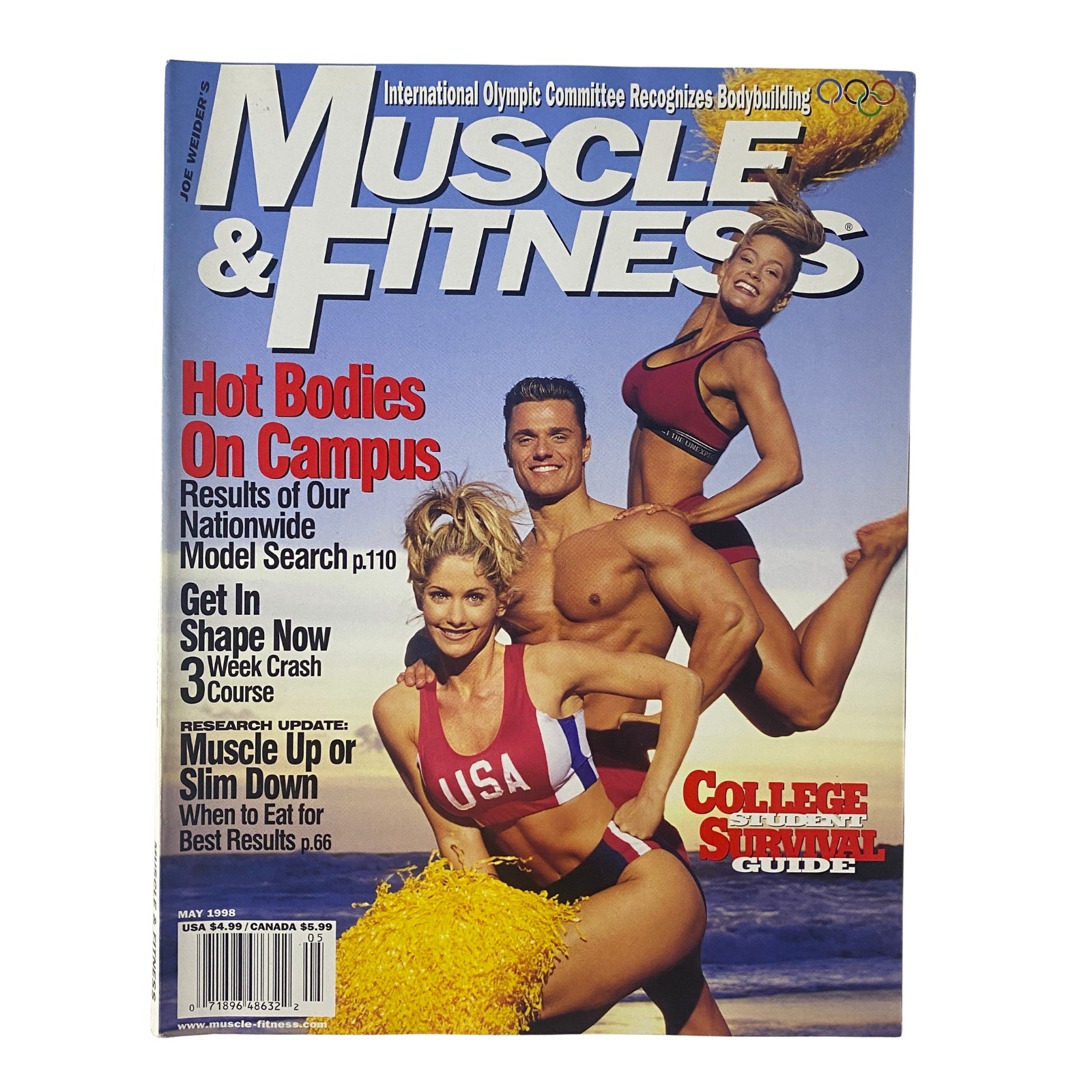 Cover of Muscle & Fitness Magazine May 1998 featuring Sharon Moore, Markus Reinhardt, and Mona Beaulieu, highlighting fitness topics like college student survival guide and bodybuilding culture.