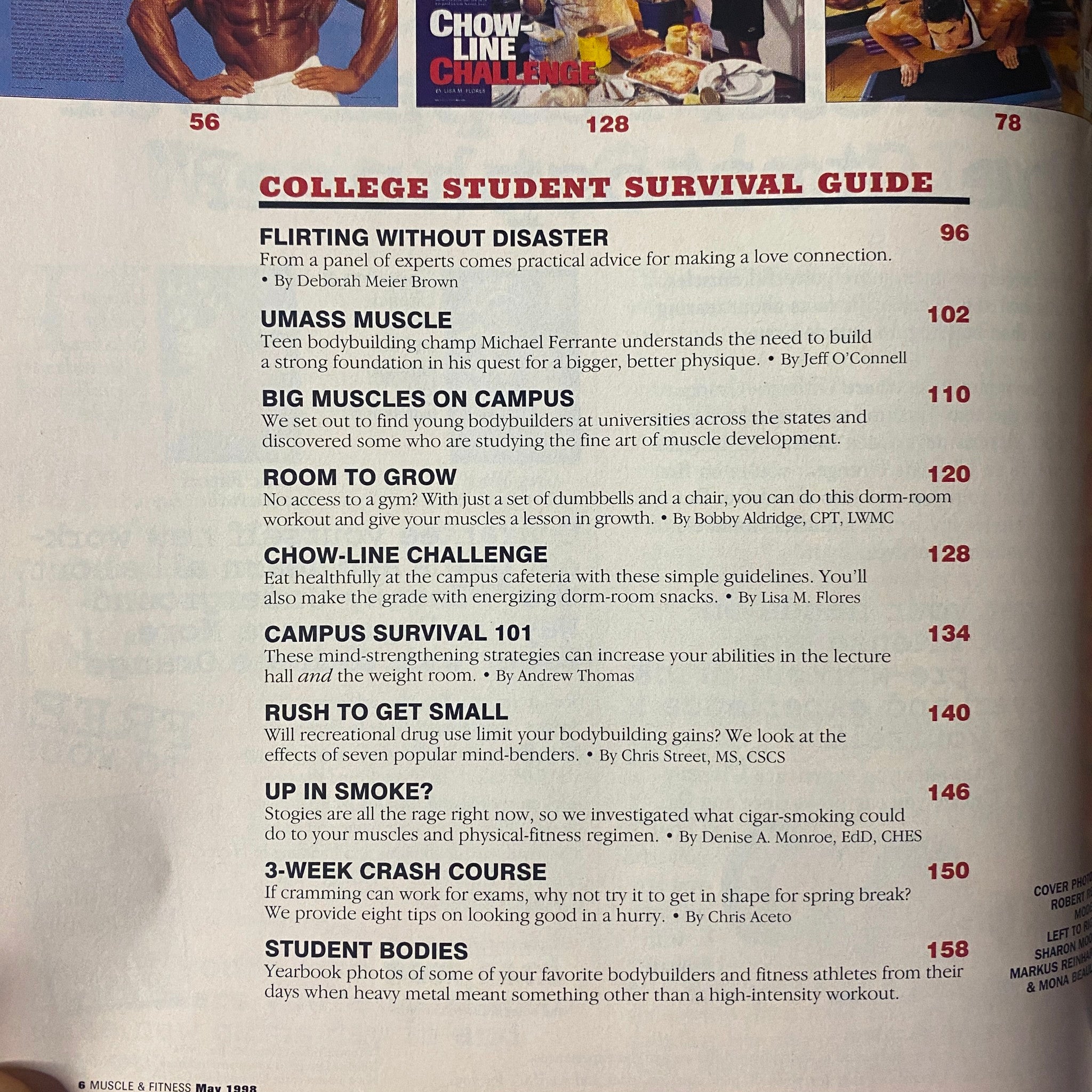 Muscle & Fitness Magazine May 1998 College Student Survival Guide features including Flirting Without Disaster, UMass Muscle, Big Muscles on Campus, Room to Grow, and Campus Survival 101.