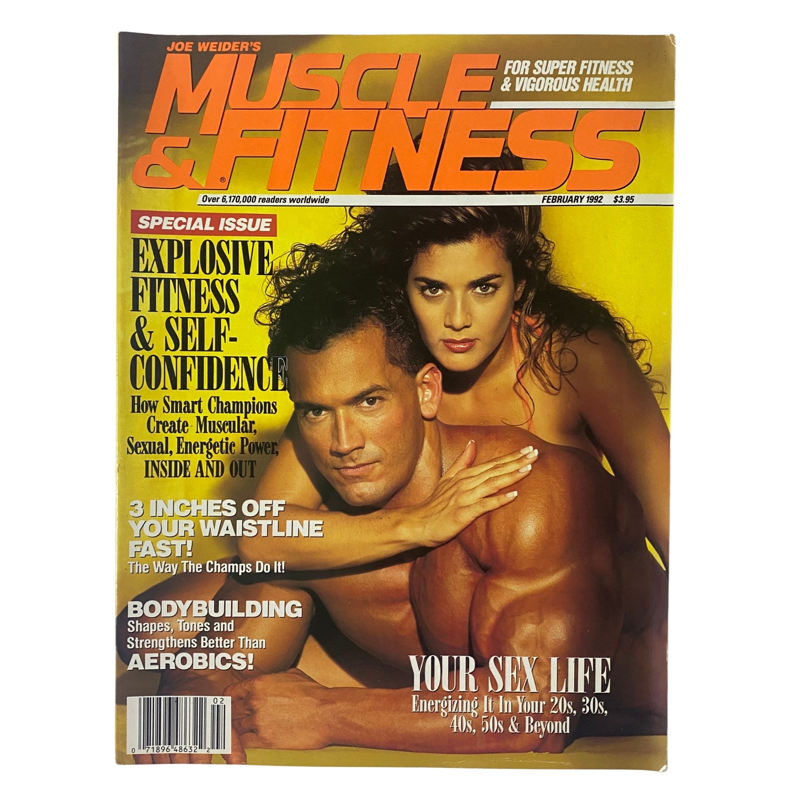 Cover of Muscle & Fitness Magazine February 1992, featuring a strong male figure and a female model, highlighting themes of explosive fitness and self-confidence.