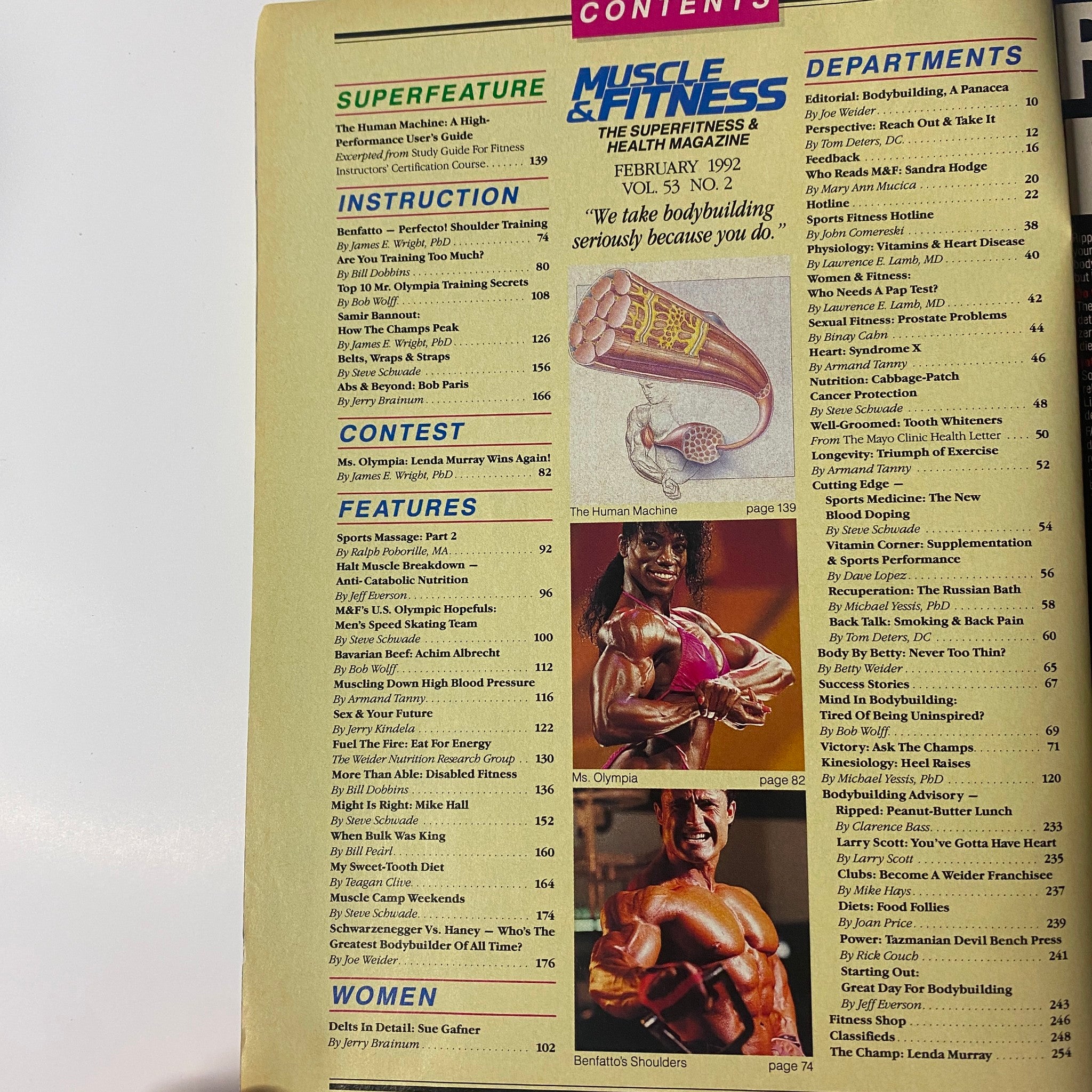 Contents page of Muscle & Fitness Magazine February 1992, listing features including 'Superfeature: The Human Machine' and 'Ms. Olympia', showcasing a range of health and fitness topics.