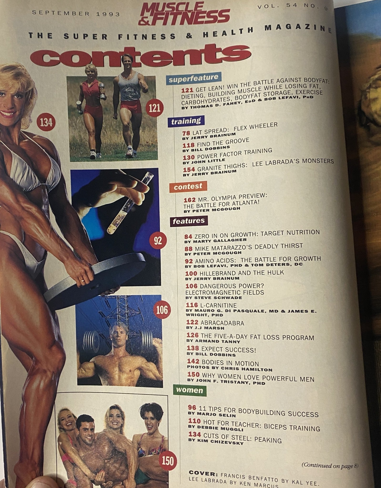 Table of contents from Muscle & Fitness Magazine September 1993 detailing articles such as 'Get Lean! Win the Battle Against Bodyfat' and features on training and nutrition.