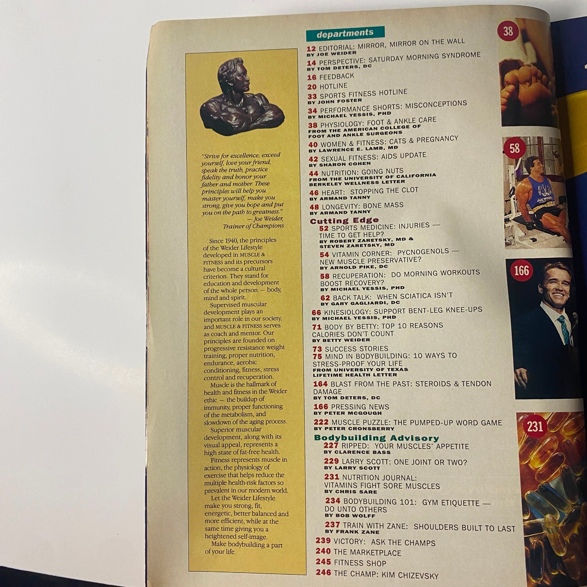 Overview of departments from Muscle & Fitness Magazine September 1993, showcasing sections like fitness advice, bodybuilding tips, and features by industry experts.
