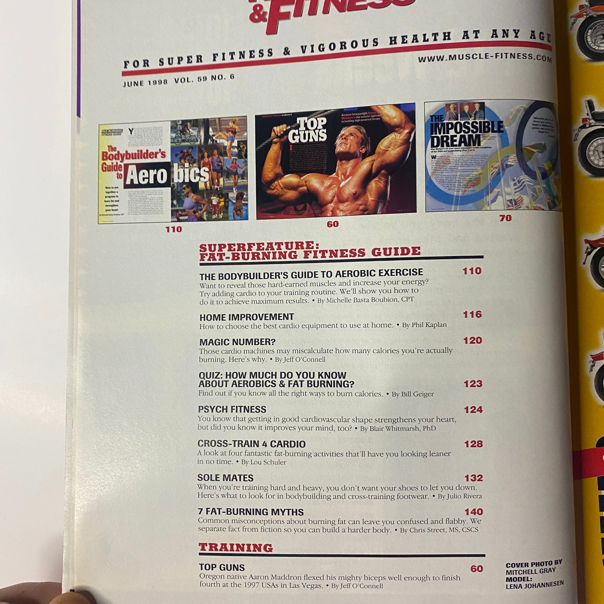 Inside page of Muscle & Fitness Magazine June 1998 Vol 59 No. 6 highlighting fat-burning fitness guides and exercise advice.