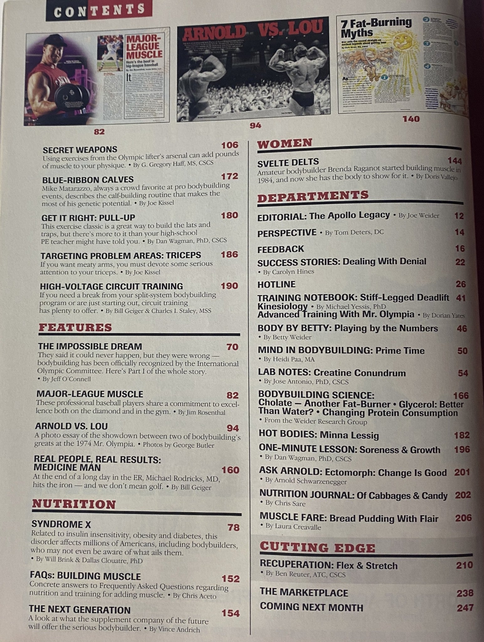Table of contents from Muscle & Fitness Magazine June 1998 Vol 59 No. 6 detailing various articles on bodybuilding and nutrition.