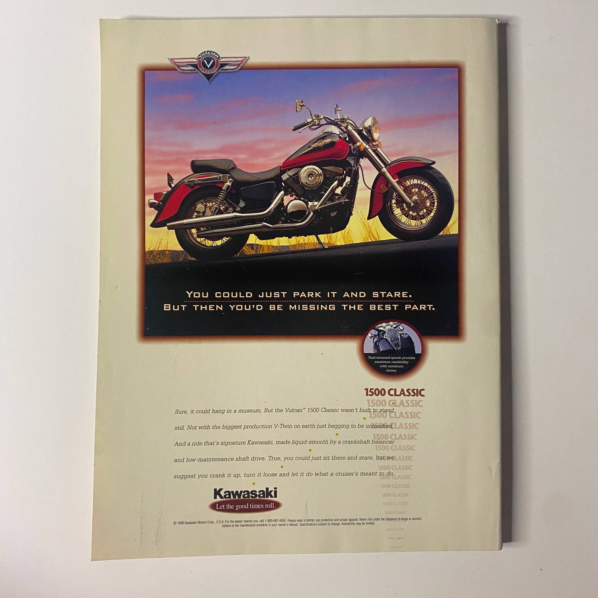 Advertisement page from Muscle & Fitness Magazine May 1996 featuring the Kawasaki 1500 Classic motorcycle with an illustrative landscape background.