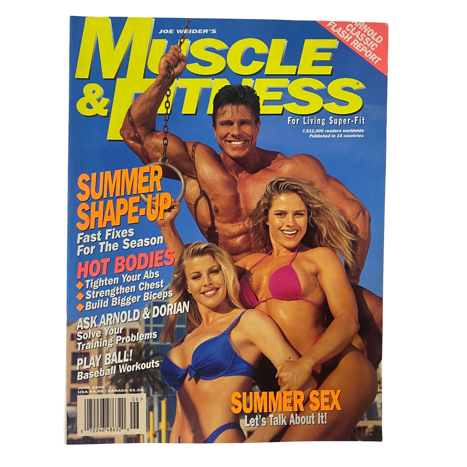 Muscle & Fitness Magazine June 1996, Vol. 57, No. 6 featuring Achim Albrecht on the cover with two models, highlighting summer fitness themes.