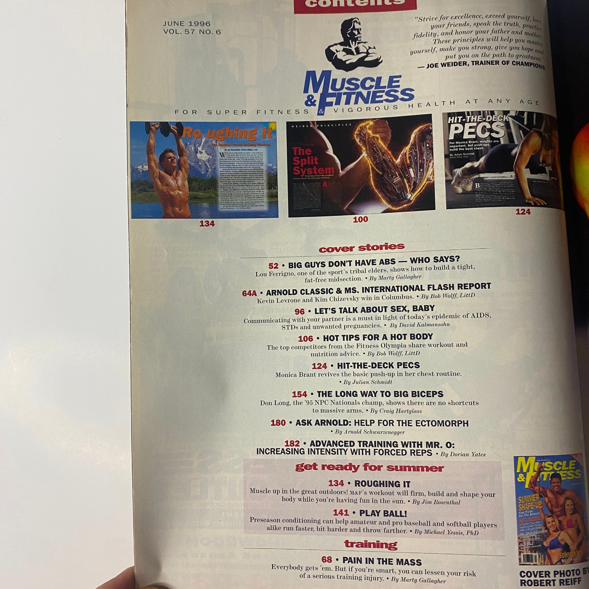 Contents page from Muscle & Fitness Magazine June 1996, Vol. 57, No. 6, outlining topics such as Arnold Classic results and summer fitness tips.