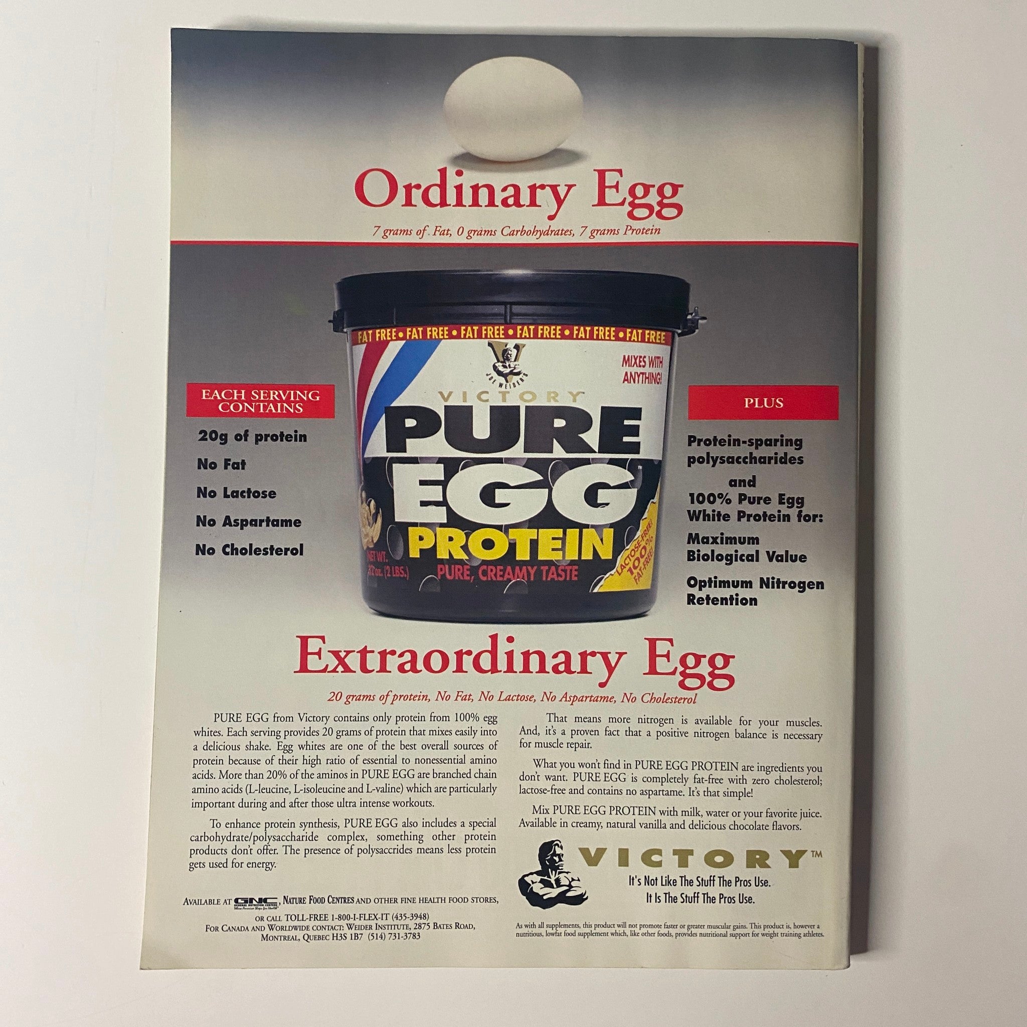 Muscle & Fitness Magazine June 1996 Vol 57 No. 6 advertisement for Victory Pure Egg Protein, highlighting its high protein content and nutritional benefits.