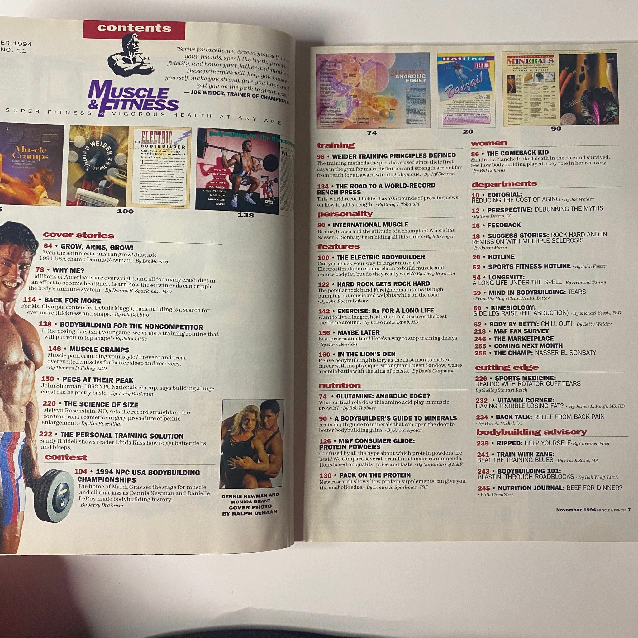 Inside contents page of Muscle & Fitness Magazine November 1994, listing feature articles on bodybuilding, nutrition, and training.