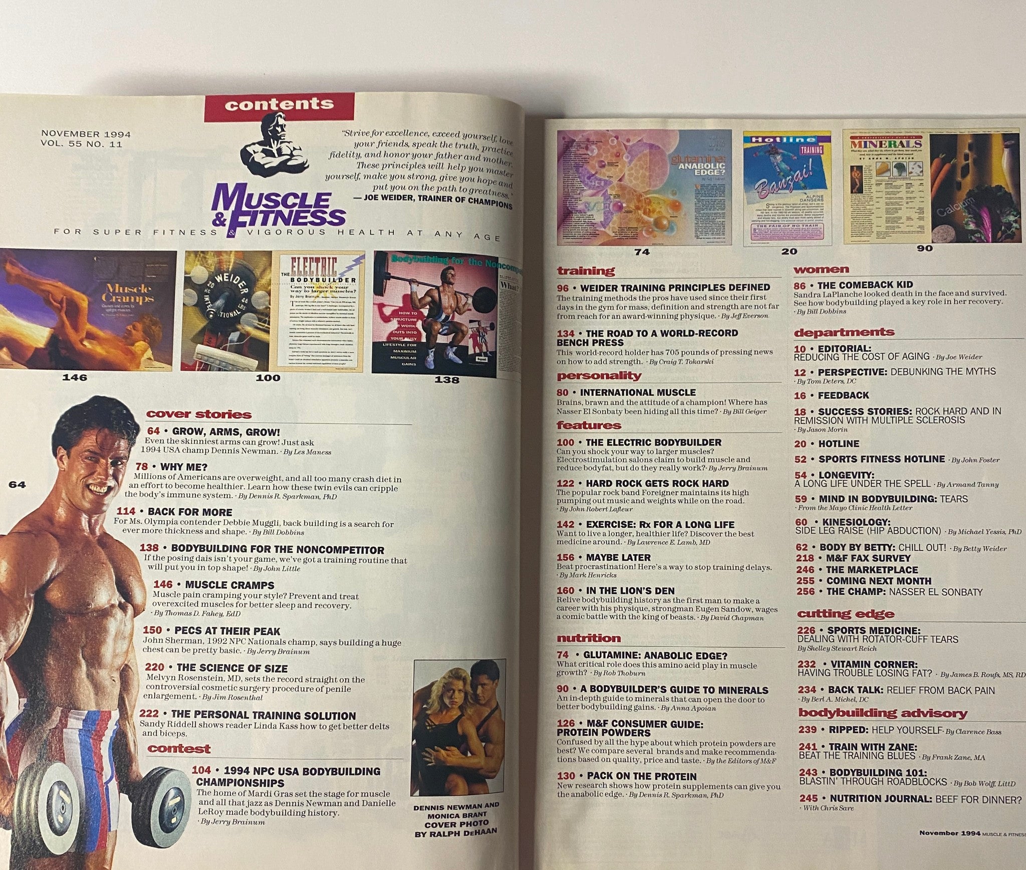 Another contents page of Muscle & Fitness Magazine November 1994, showcasing cover stories and various fitness topics.