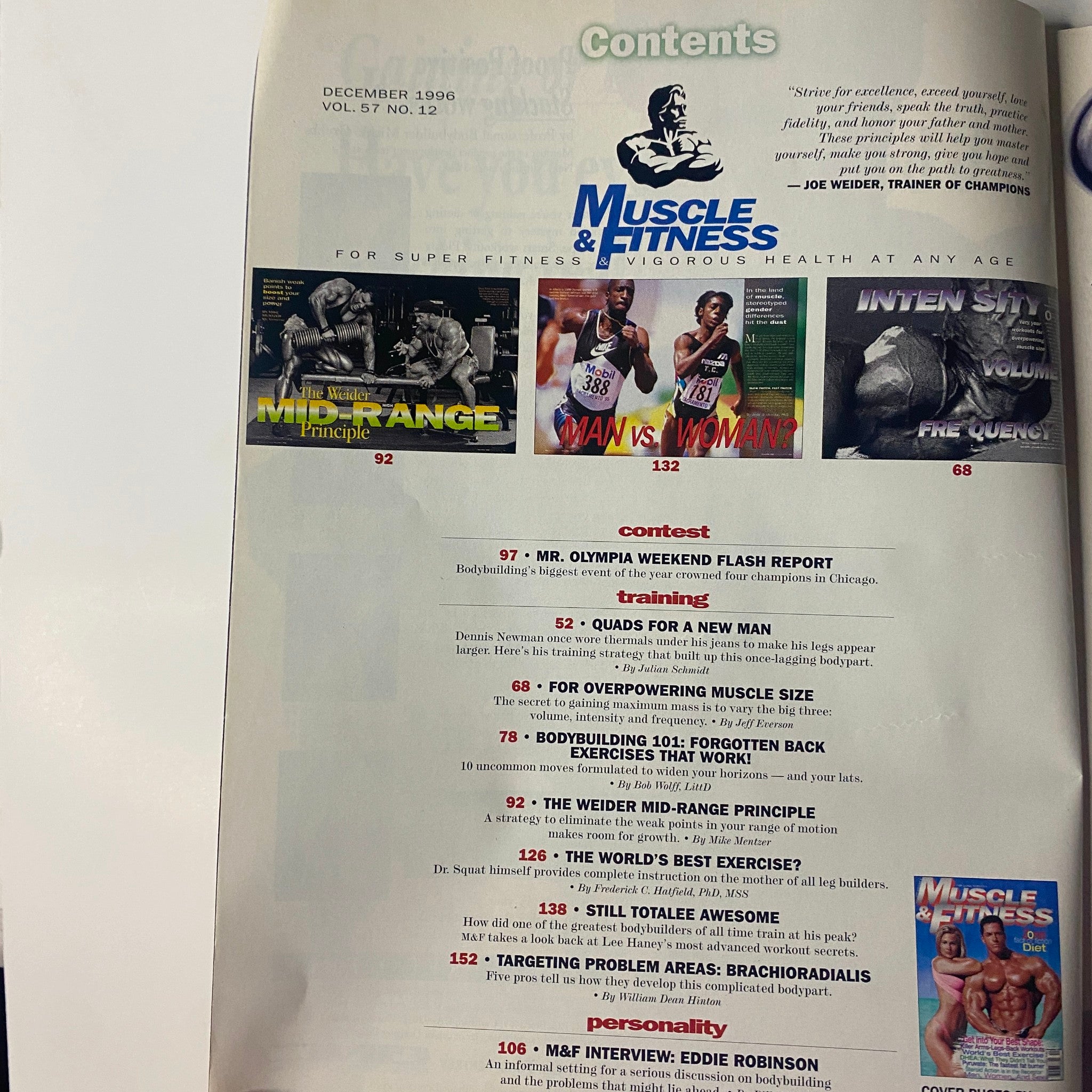 Contents page of Muscle & Fitness Magazine December 1996 Vol 57 No. 12 displaying article headings and sections related to fitness and bodybuilding.