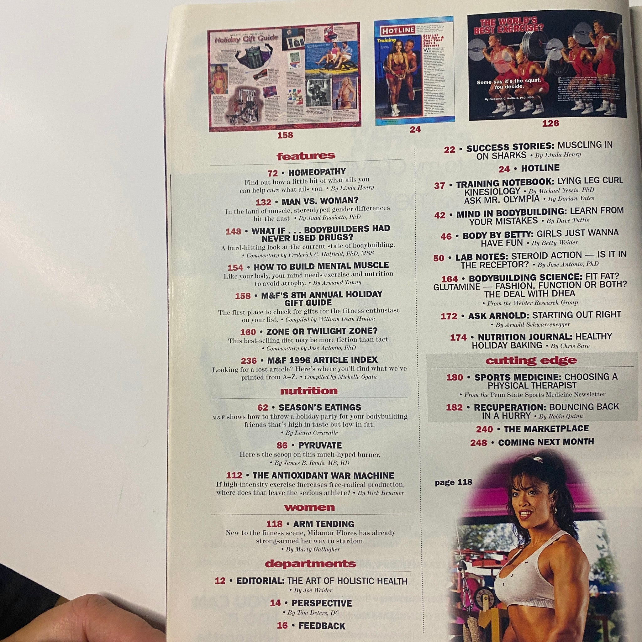 Feature article list from Muscle & Fitness Magazine December 1996 Vol 57 No. 12 highlighting topics on nutrition, training, and wellness for athletes.