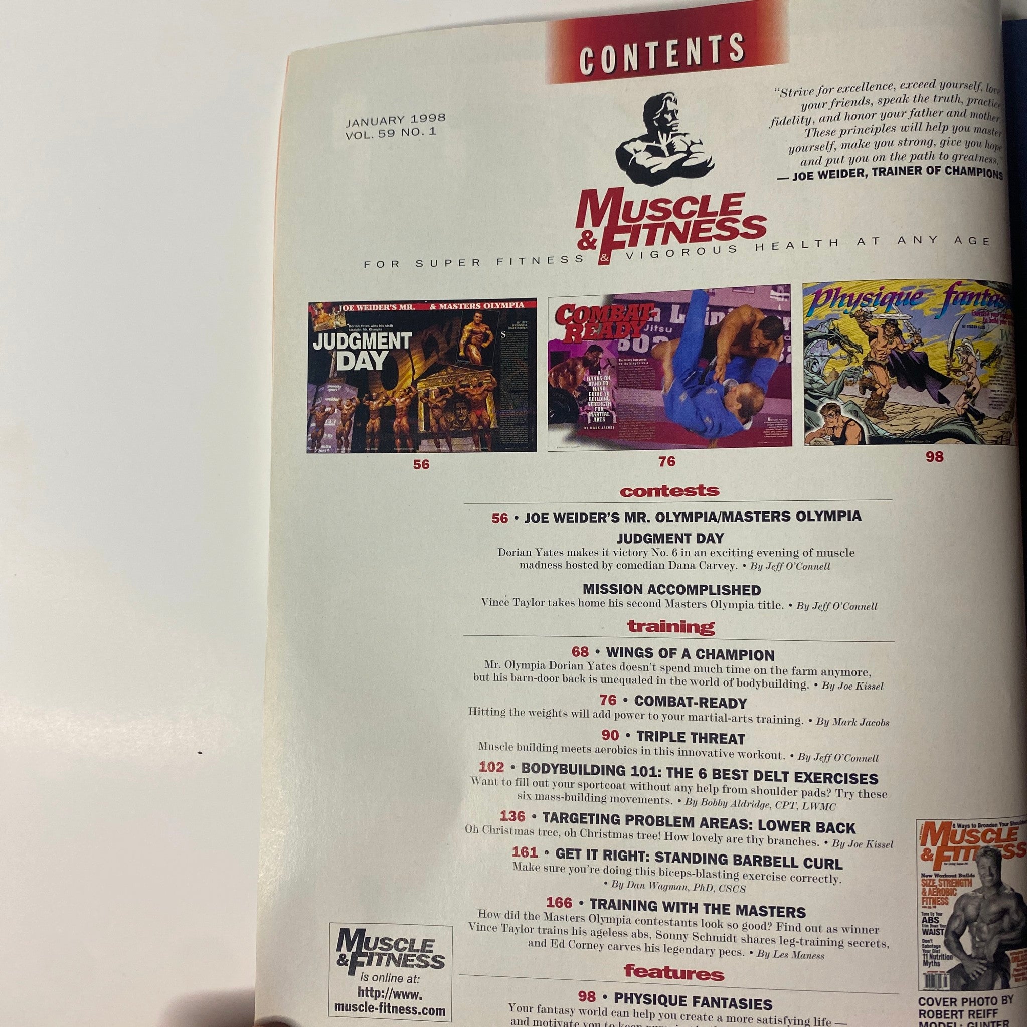 Contents page of Muscle & Fitness Magazine January 1998, Volume 59, Number 1, outlining sections on contests, training tips, and nutrition.