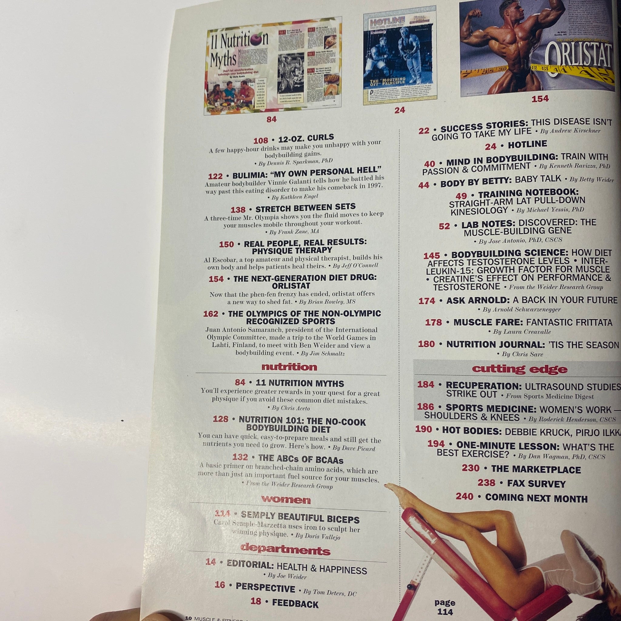 Another contents page from Muscle & Fitness Magazine January 1998, Volume 59, Number 1, listing articles on nutrition myths and other fitness-related topics.
