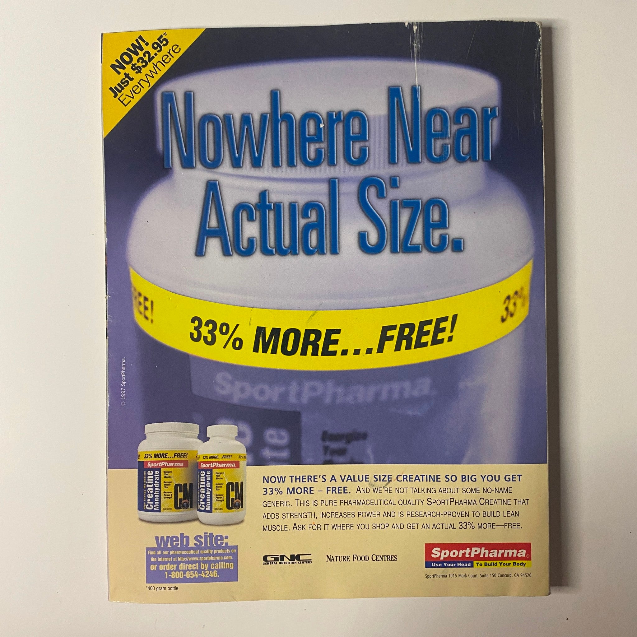 Advert for SportPharma on the back cover of Muscle & Fitness Magazine January 1998, Volume 59, Number 1, promoting a supplement offer.