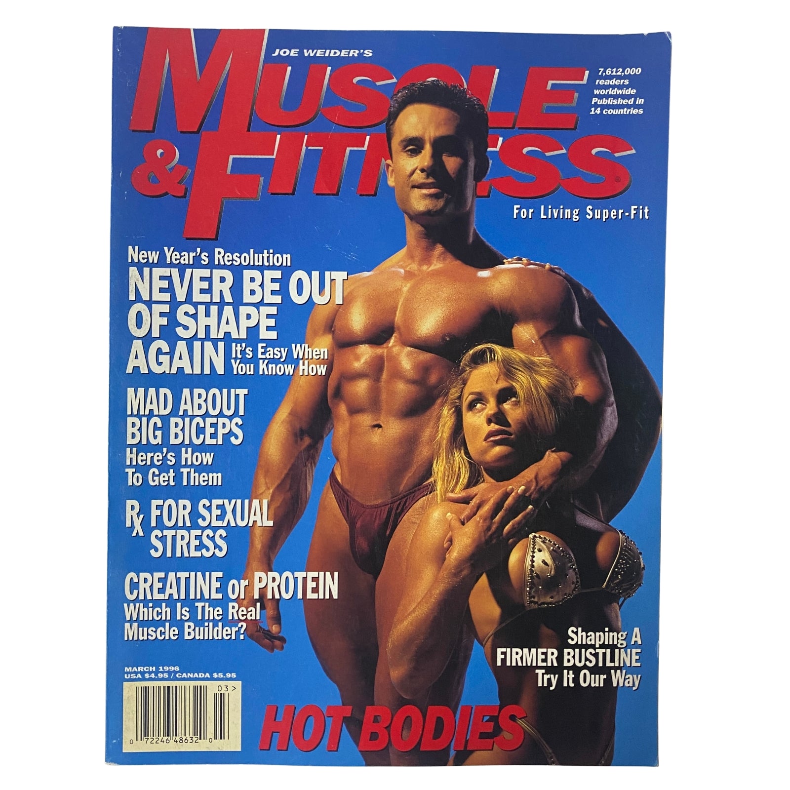 Muscle & Fitness Magazine March 1996 featuring Monica Brant and Francis Benfatto on the cover. This vintage fitness magazine emphasizes topics like training strategies, nutrition tips, and bodybuilding insights.