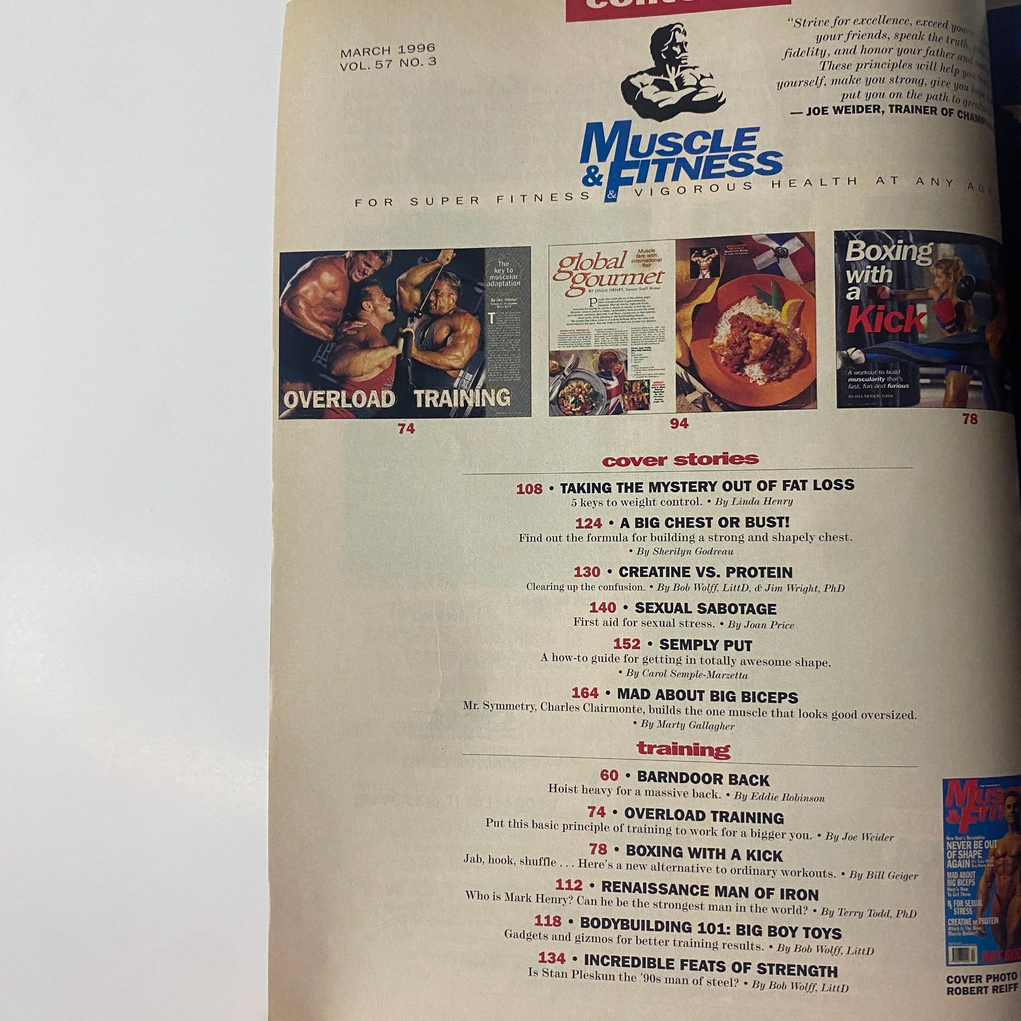 Muscle & Fitness Magazine March 1996 featuring Overload Training, Global Gourmet, and Boxing with a Kick; contains articles on fitness and bodybuilding.