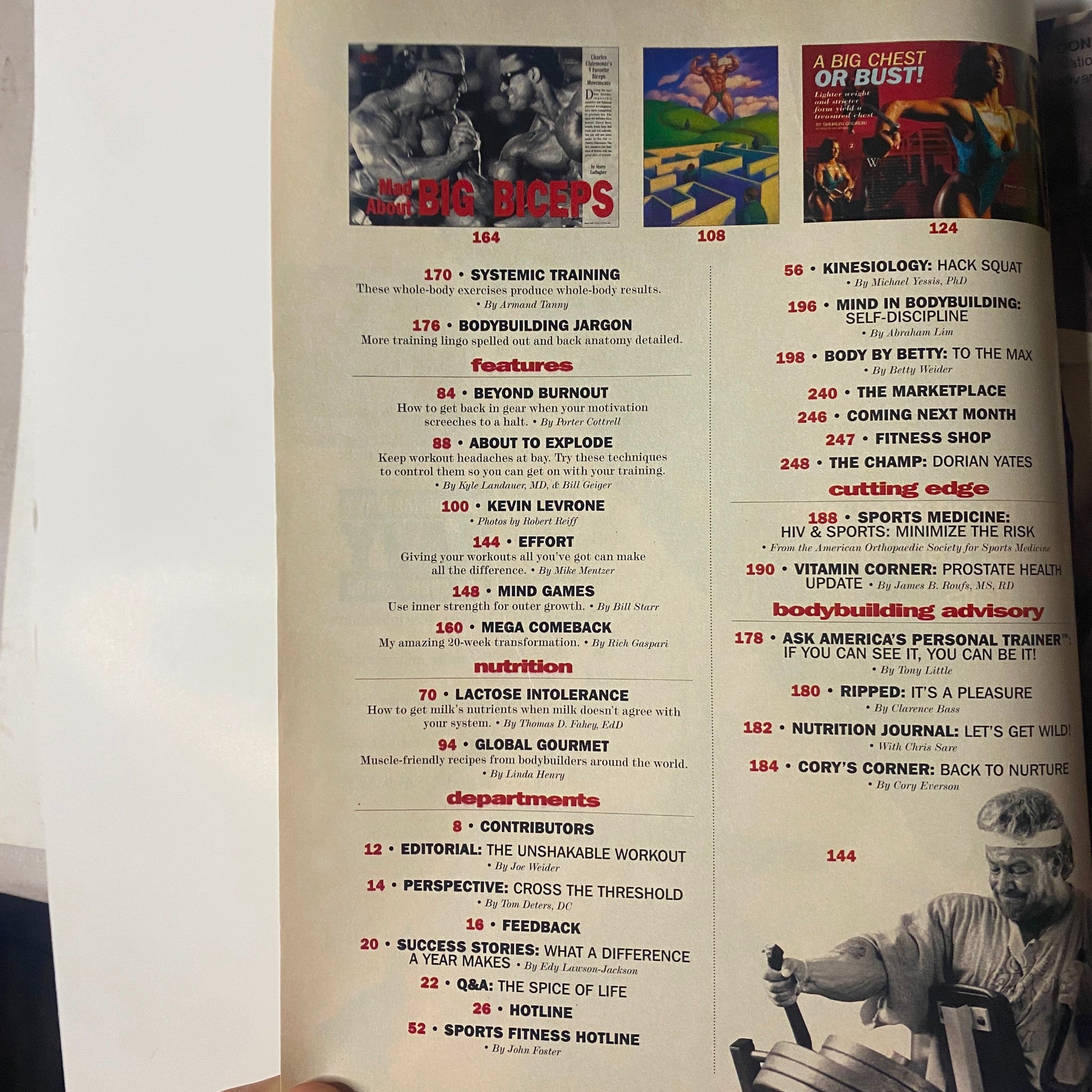 Muscle & Fitness Magazine March 1996 showcasing the index page with articles like Sexual Sabotage and A Big Chest or Bust! highlighting fitness features.