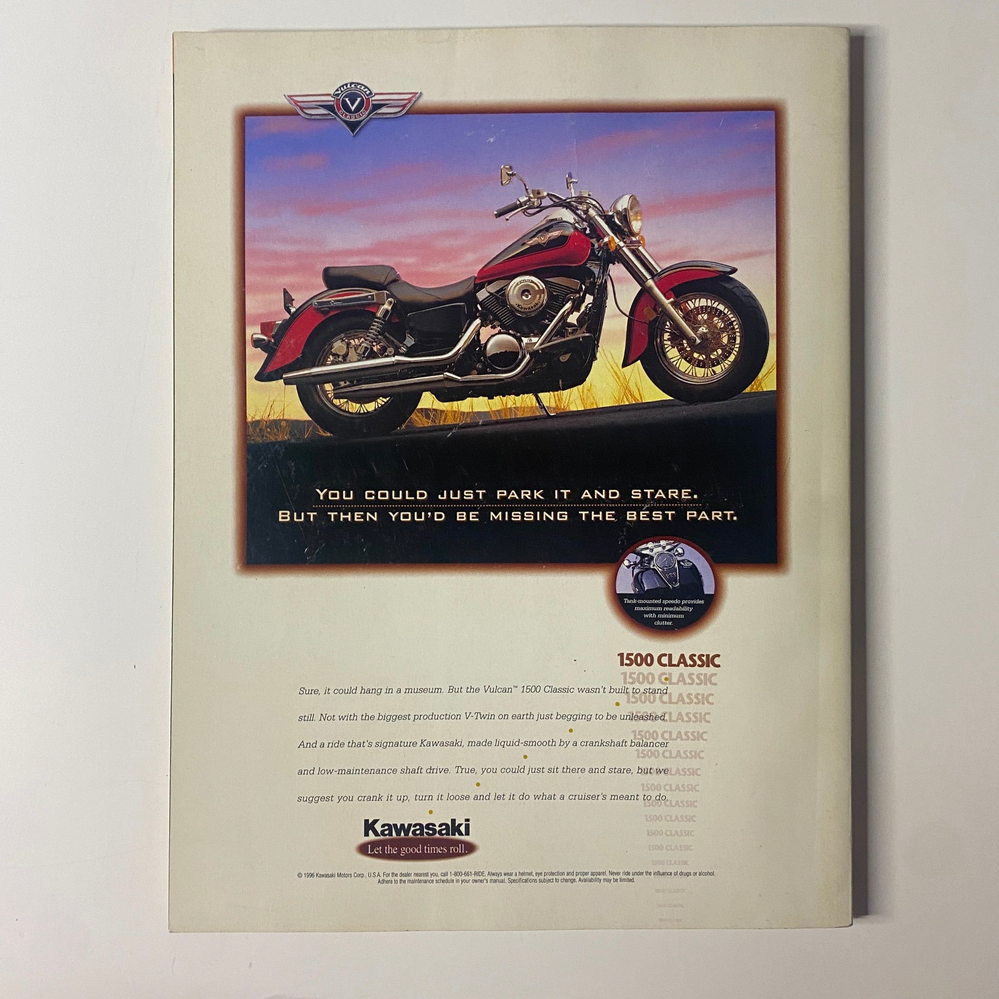 Advertisement for Kawasaki motorcycle featured on the back cover of Muscle & Fitness Magazine March 1996, emphasizing its design and performance.