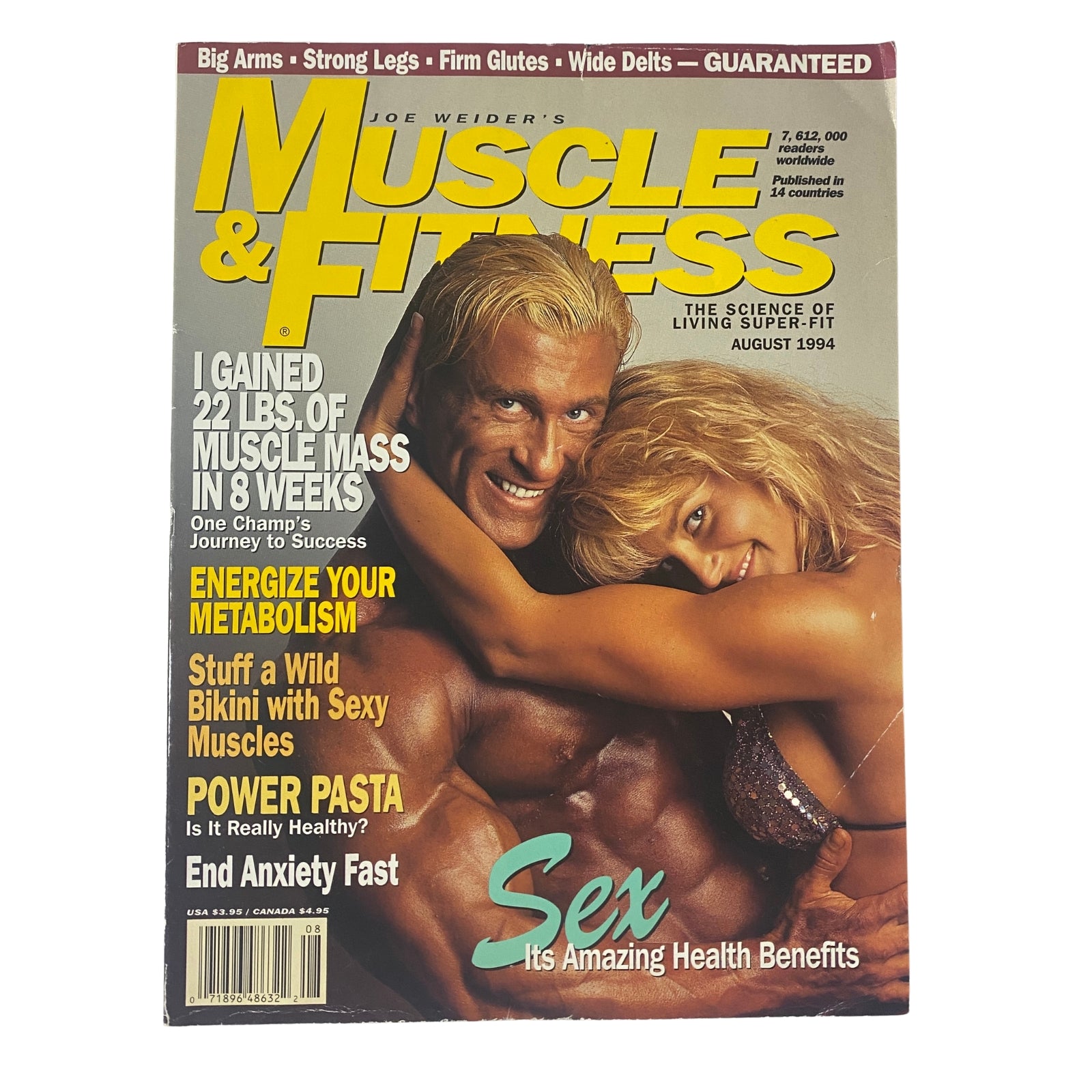 Muscle & Fitness Magazine August 1994 featuring David Dearth and Laurie Donnelly on the cover, showcasing fitness tips and articles on bodybuilding, nutrition, and health benefits.