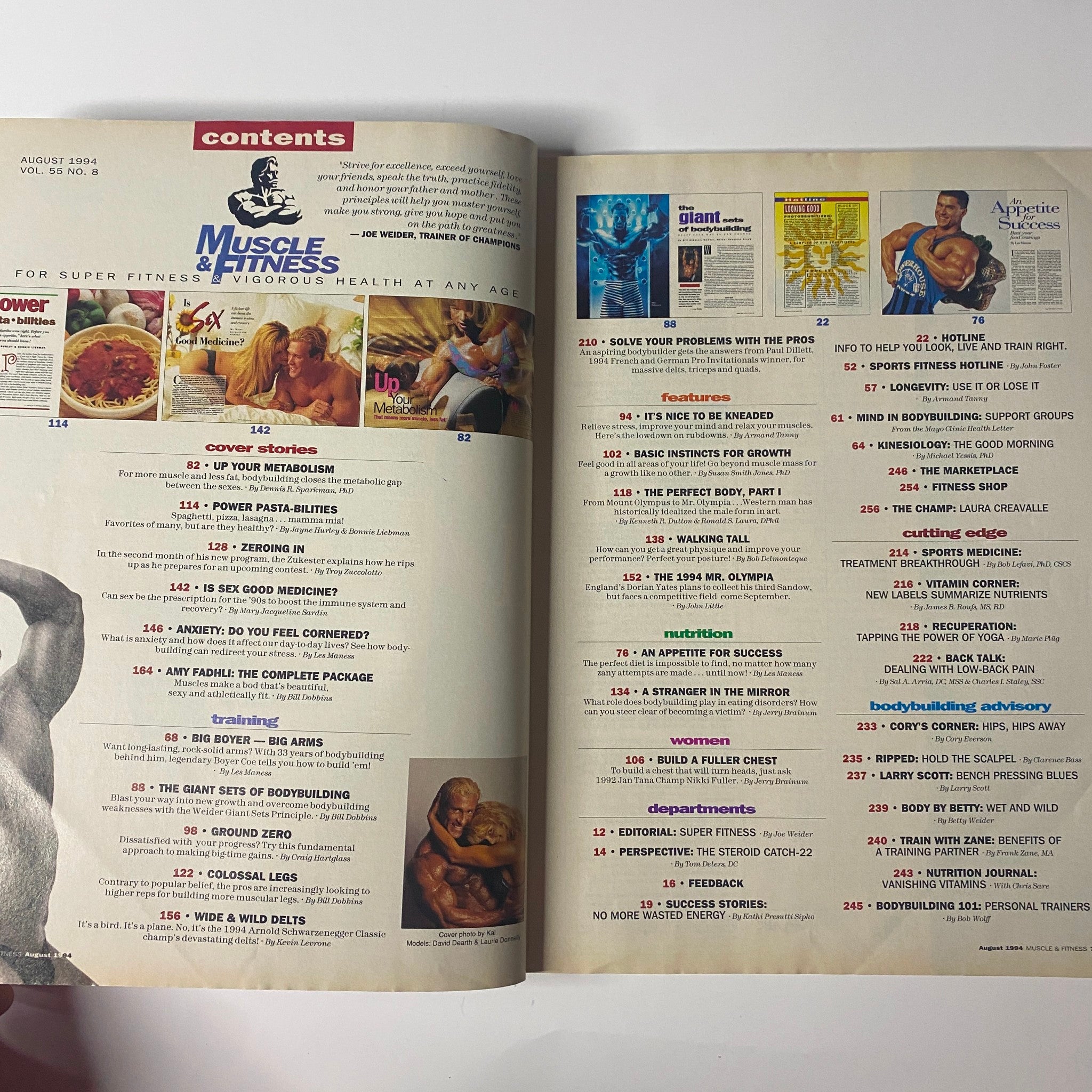 Table of contents from Muscle & Fitness Magazine August 1994, outlining articles on metabolism, nutrition, training tips, and insights for bodybuilding enthusiasts.