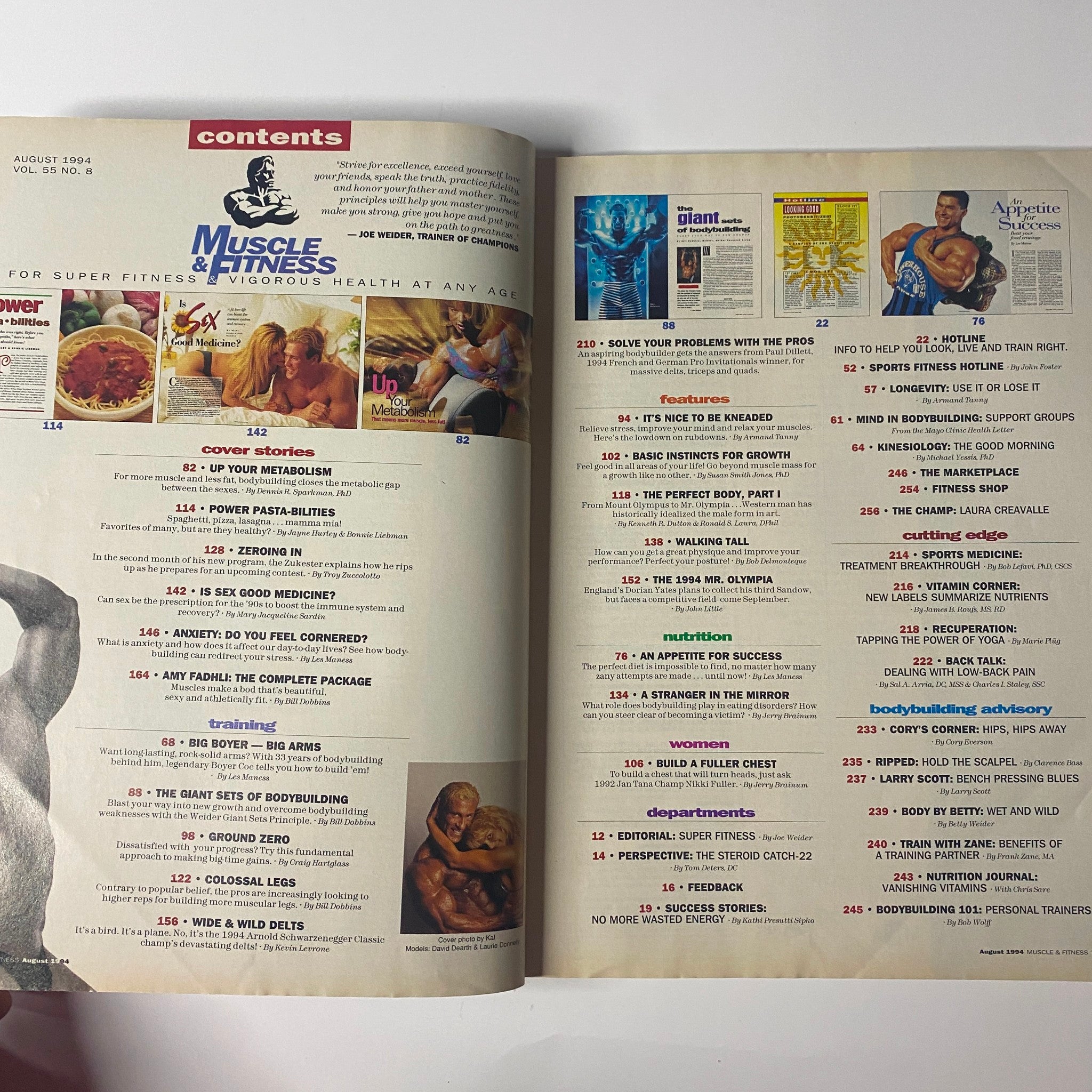 Contents page of Muscle & Fitness Magazine August 1994 featuring articles on metabolism, training, nutrition, and cover stories with David Dearth and Laurie Donnelly, ideal for bodybuilding enthusiasts.