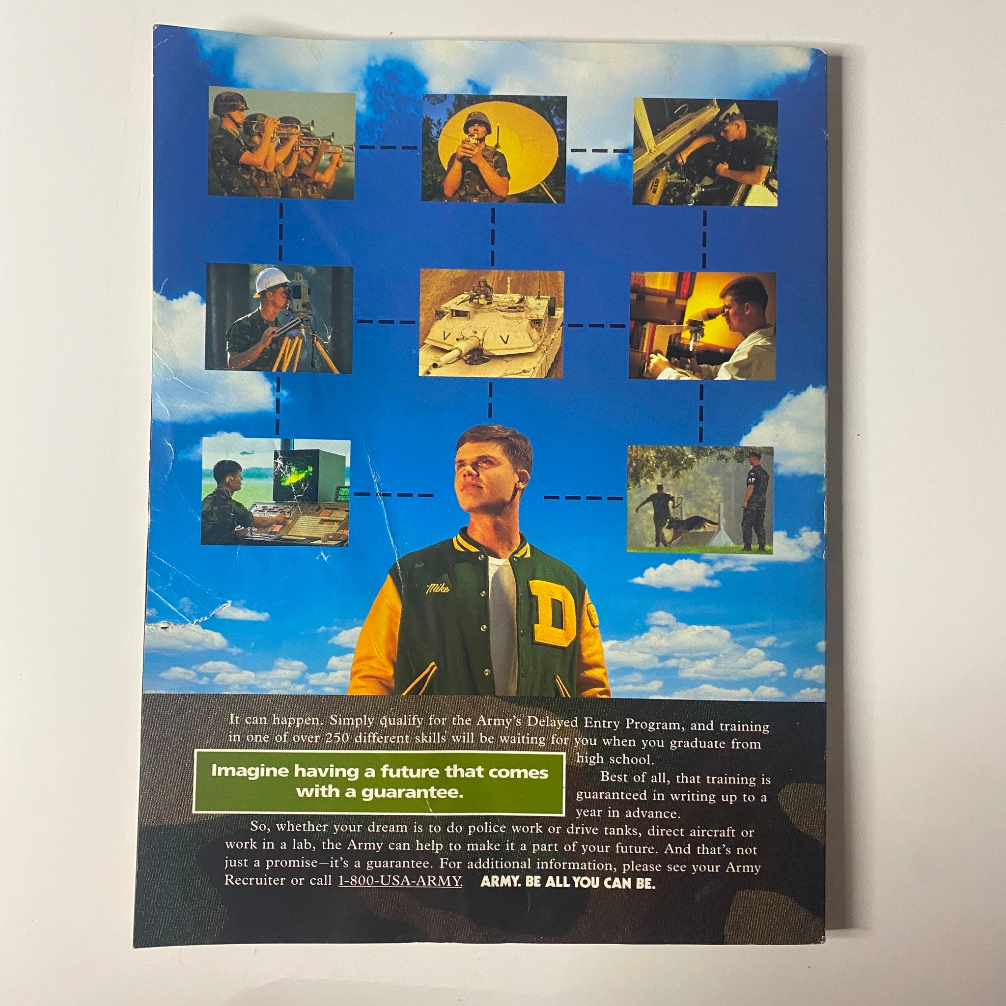 Back cover of Muscle & Fitness Magazine August 1994 showcasing a motivational advertisement for the U.S. Army, promoting career opportunities with the slogan, 'Imagine having a future that comes with a guarantee.'