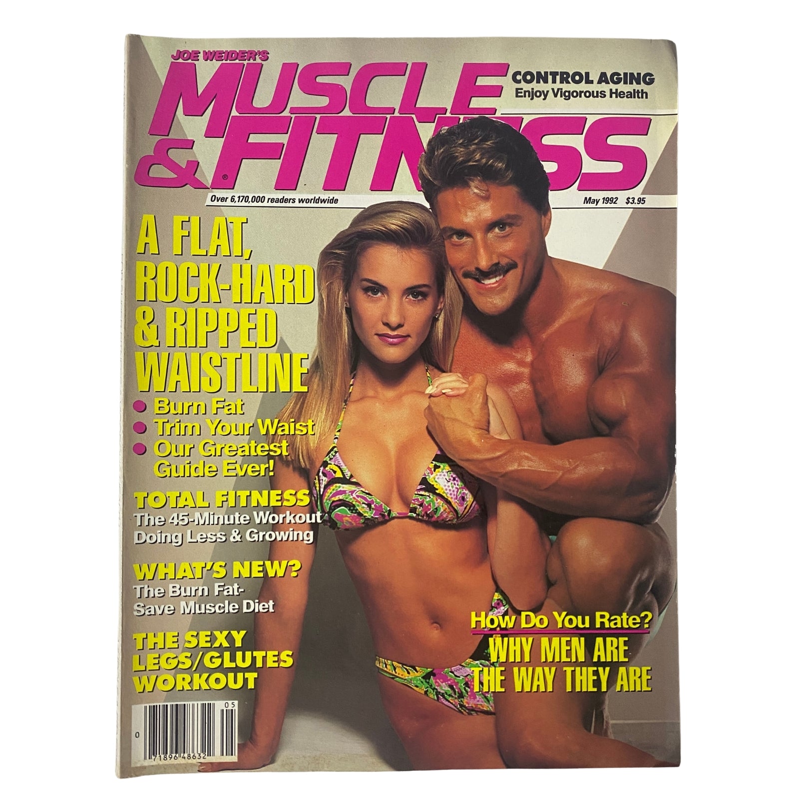 Muscle & Fitness Magazine May 1992 Vol 53 No. 5 featuring a cover image of a fitness model in a bikini alongside a muscular male model, showcasing fitness trends and bodybuilding culture from the early 90s.