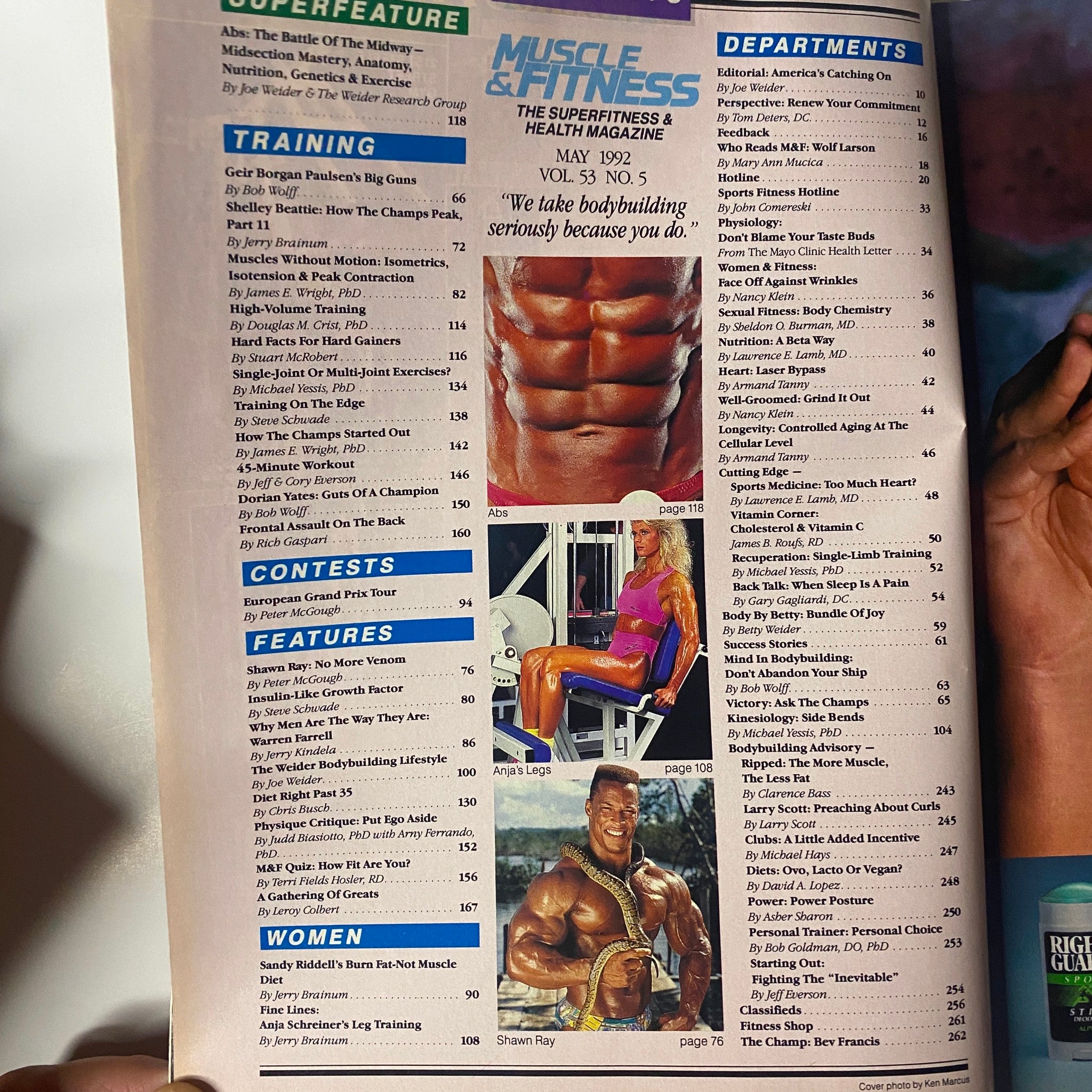 Interior page of Muscle & Fitness Magazine May 1992 Vol 53 No. 5 displaying a contents page with articles including training tips, features on athletes, and health advice, highlighting the magazine's focus on bodybuilding.