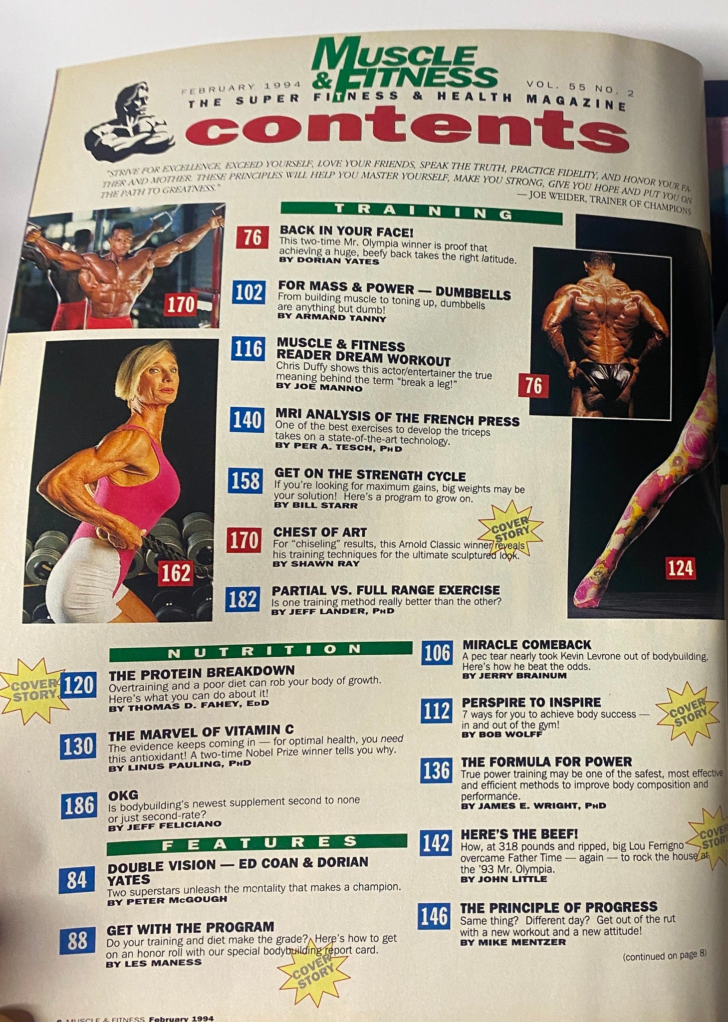 Contents page of Muscle & Fitness Magazine February 1994, listing articles on training, nutrition, and featured athletes.