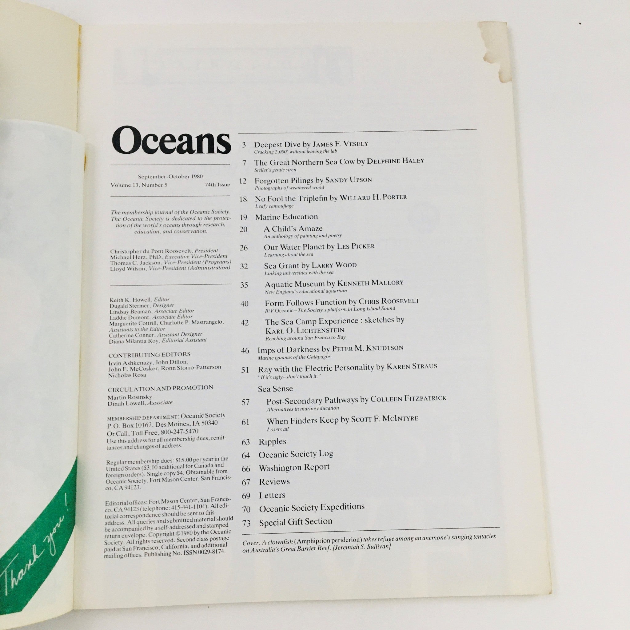 Oceans Magazine September 1980 Vol. 13 No. 5 A Clownfish Takes Refuge in Anemone