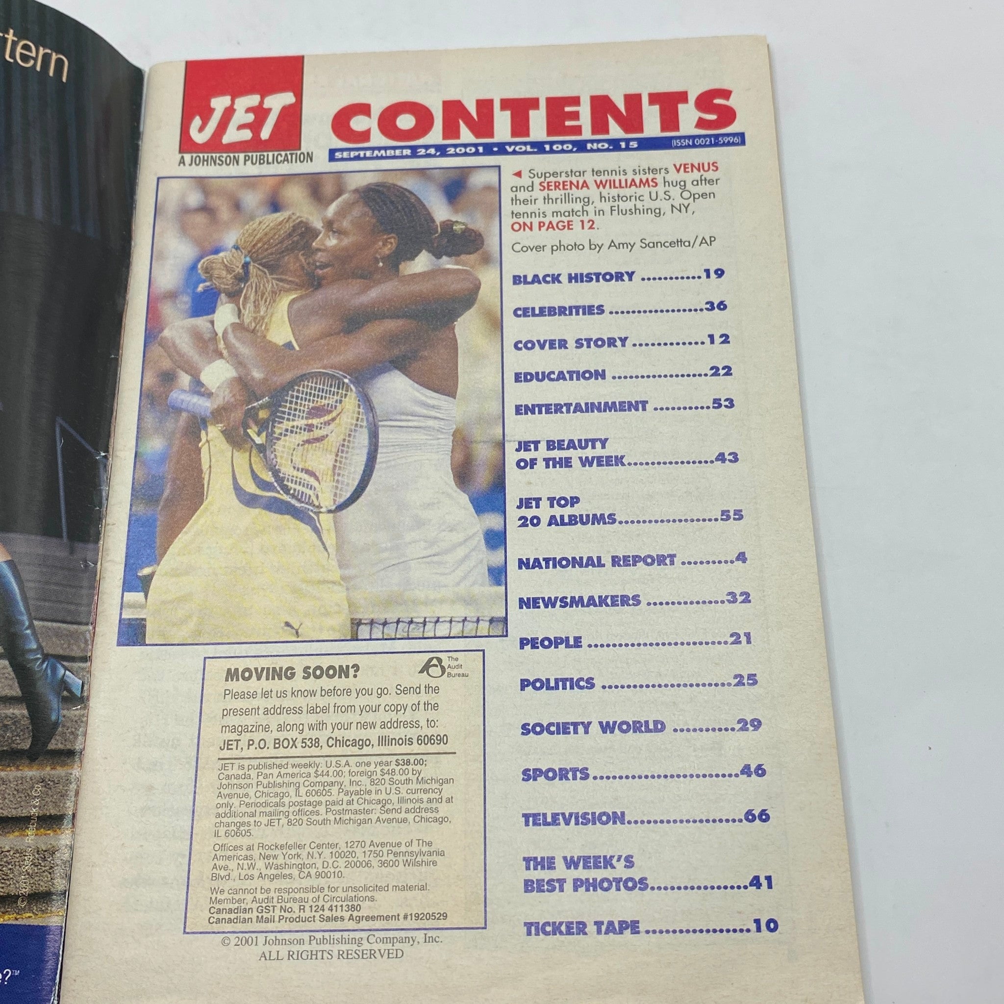 Jet Magazine September 24, 2001 Vol 100 No. 14 Serena & Venus Williams No Label