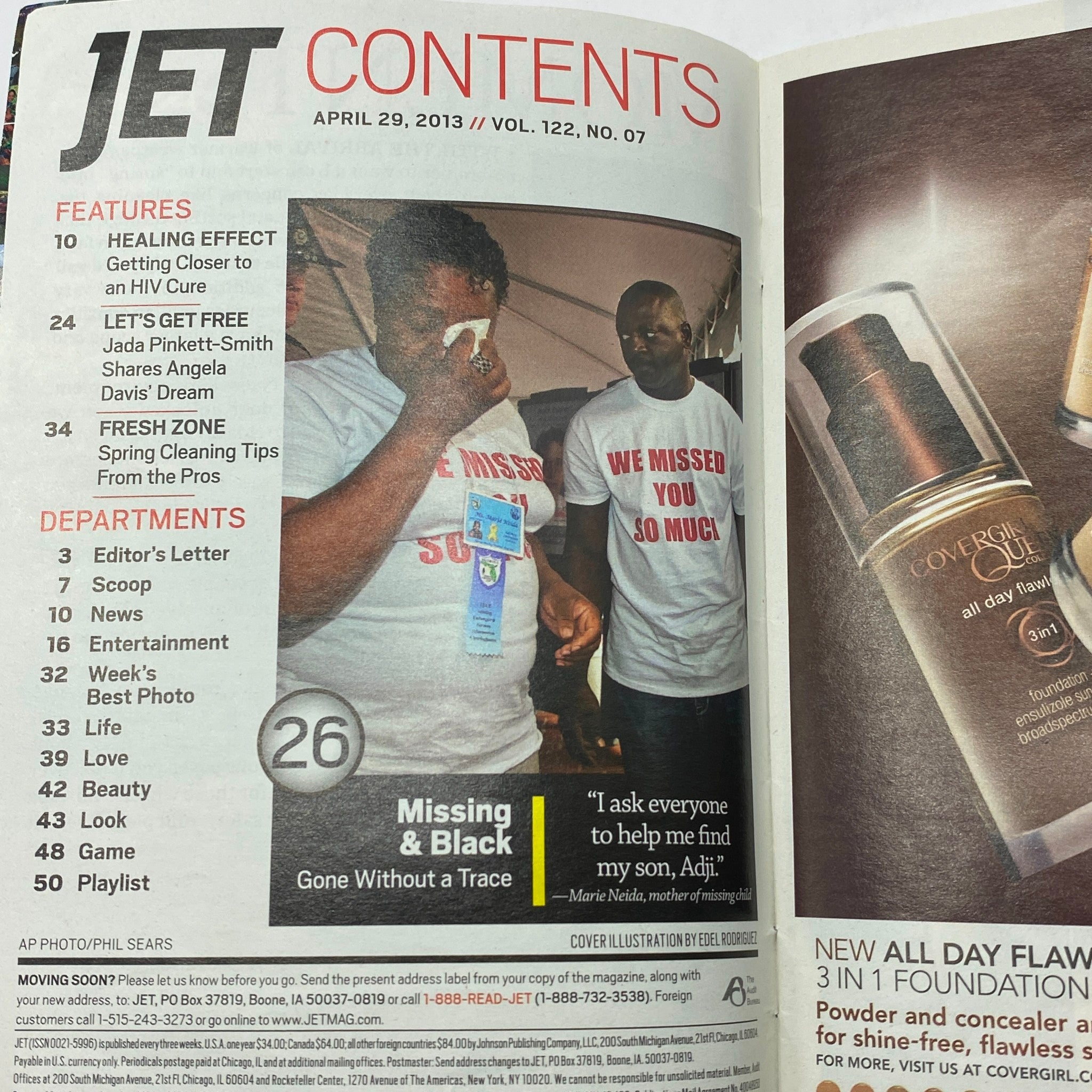 Contents page of Jet Magazine dated April 29, 2013, Volume 122, Number 7, highlighting the featured section 'Missing & Black' and various magazine sections with a list of articles.