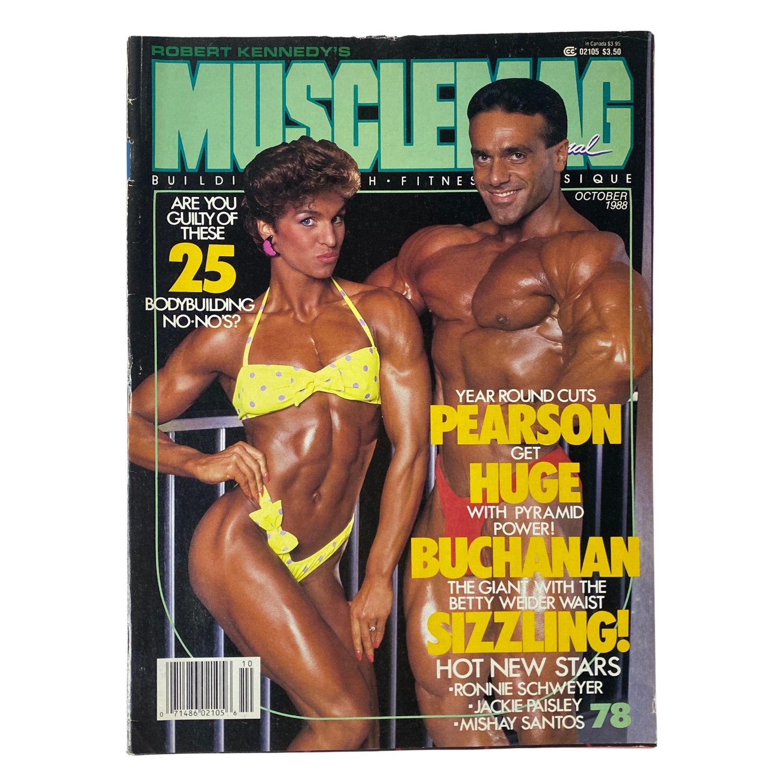MuscleMag International Magazine October 1988 cover featuring John Terilli and Marjo Selin, showcasing bodybuilding highlights, including training tips and rising stars in fitness.