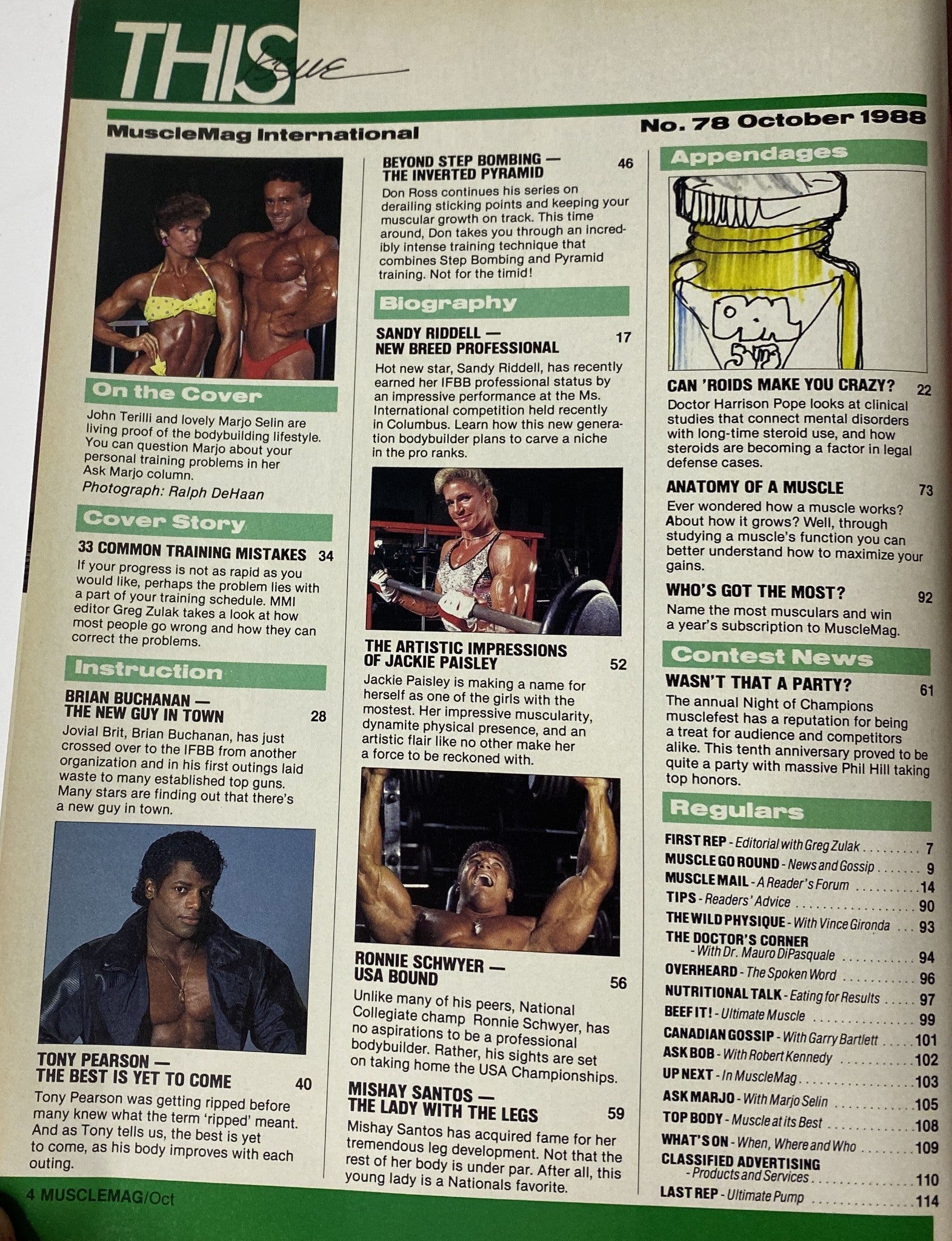 Cover of MuscleMag International Magazine October 1988 No. 78 featuring John Terilli and Marjo Selin, showcasing prominent bodybuilding content and insights on training strategies.