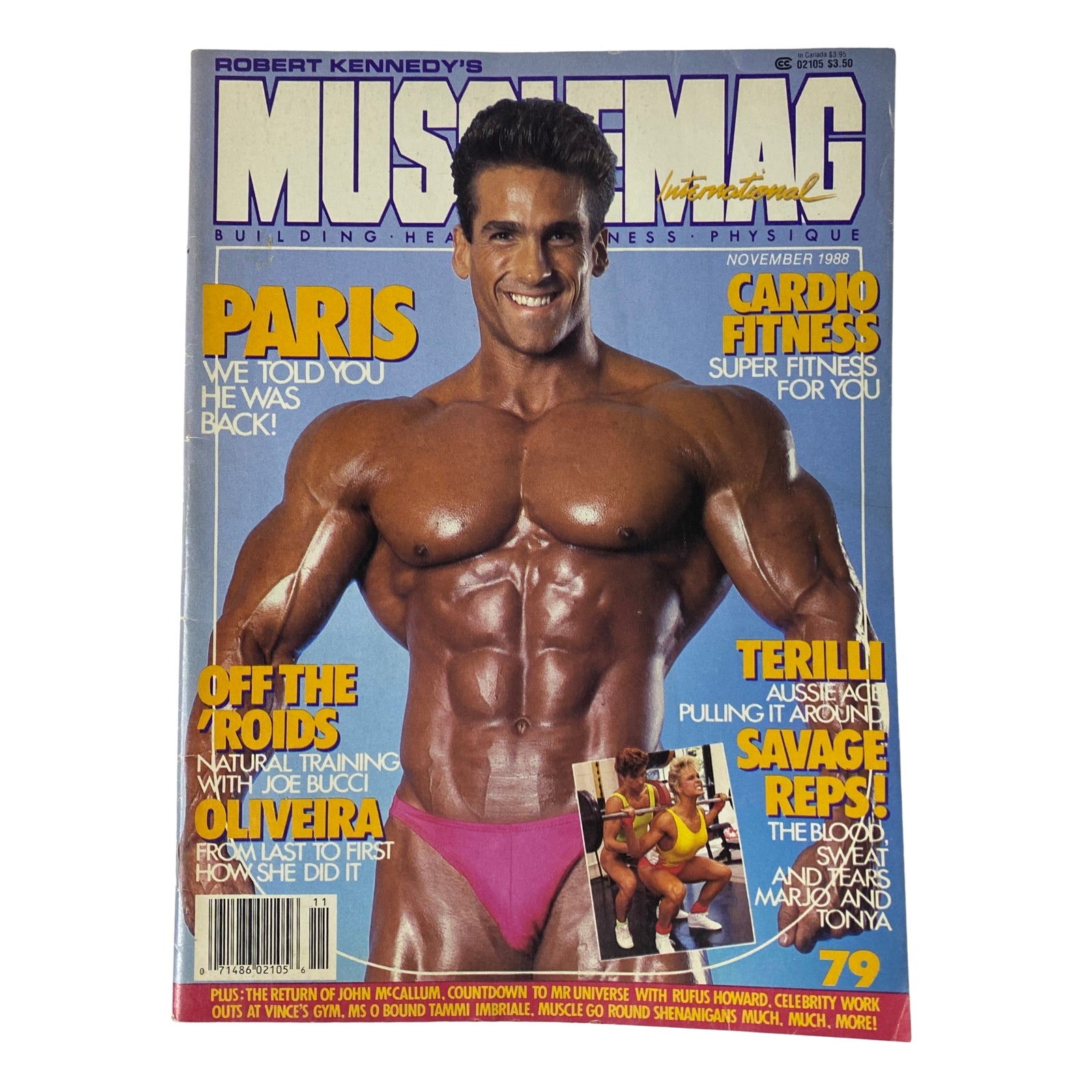 Cover of MuscleMag International Magazine November 1988 No. 79 featuring Bob Paris showcasing a muscular physique with the title prominently displayed.